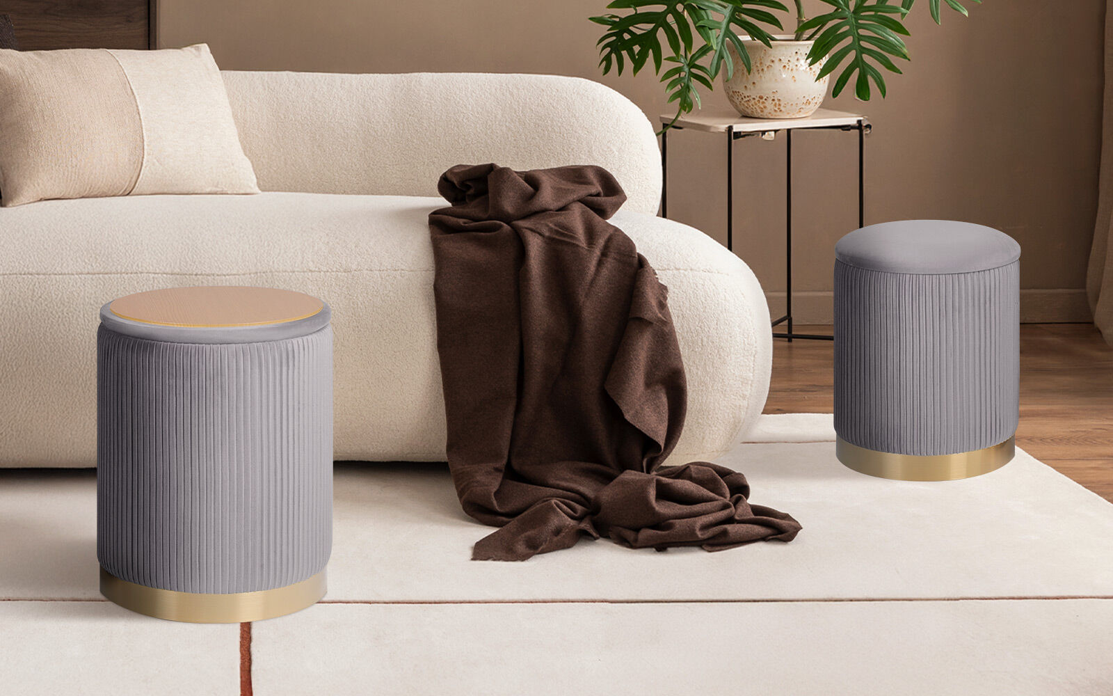 2X Side Table Storage Ottoman - Velvet Stool MIRA Grey V274-FT-VR-205VASS-GY