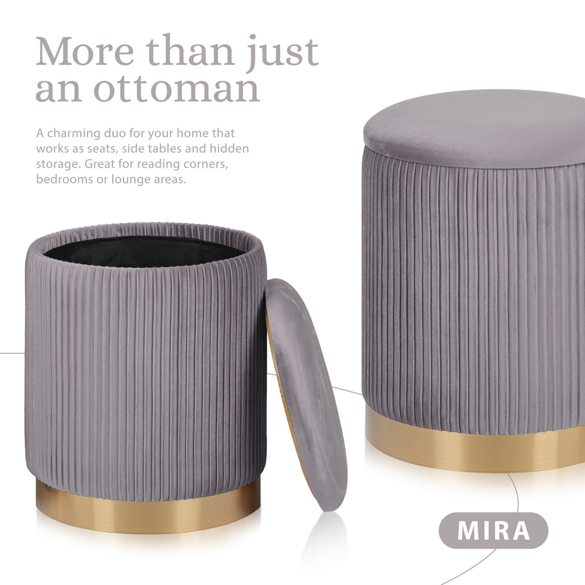 2X Side Table Storage Ottoman - Velvet Stool MIRA Grey V274-FT-VR-205VASS-GY