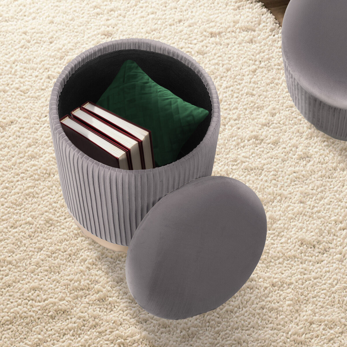2X Side Table Storage Ottoman - Velvet Stool MIRA Grey V274-FT-VR-205VASS-GY