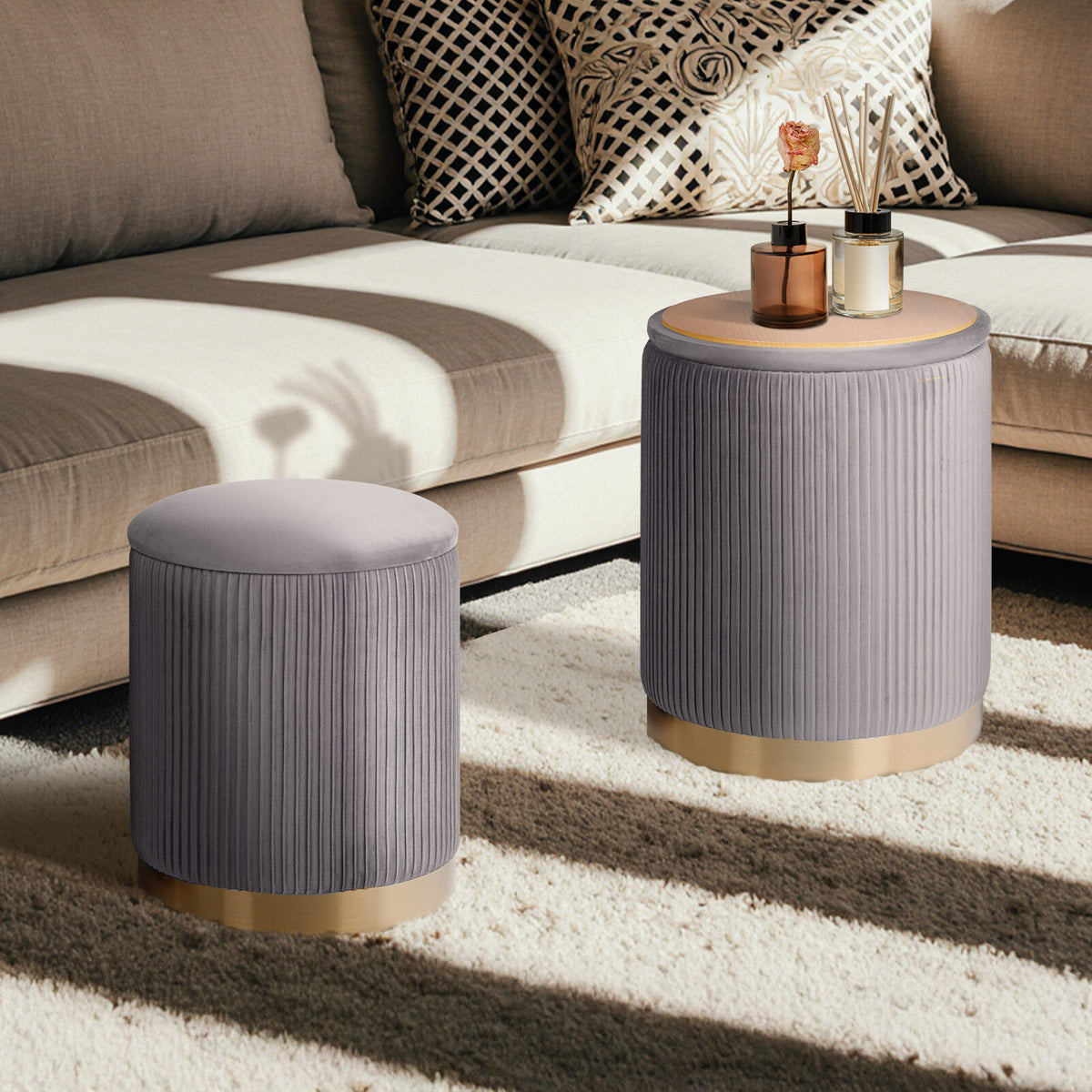 2X Side Table Storage Ottoman - Velvet Stool MIRA Grey V274-FT-VR-205VASS-GY