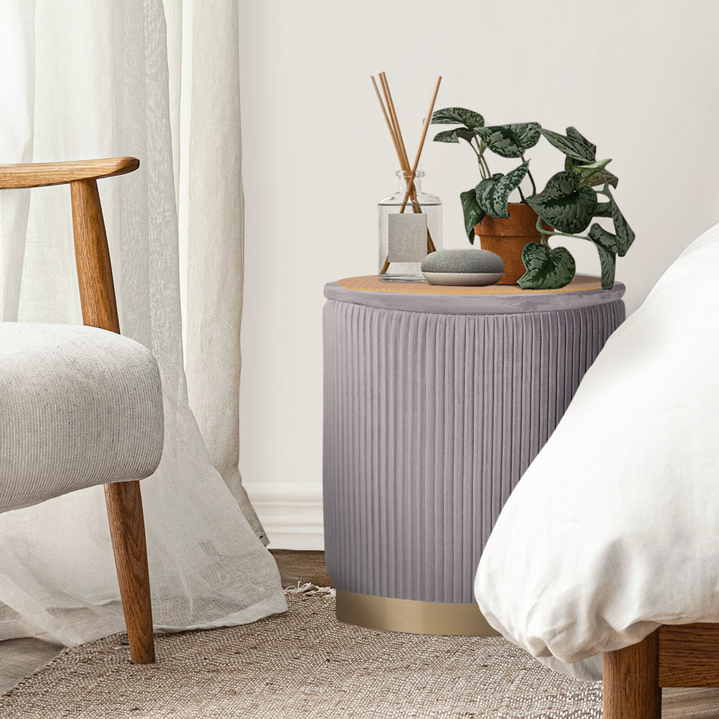 2X Side Table Storage Ottoman - Velvet Stool MIRA Grey V274-FT-VR-205VASS-GY