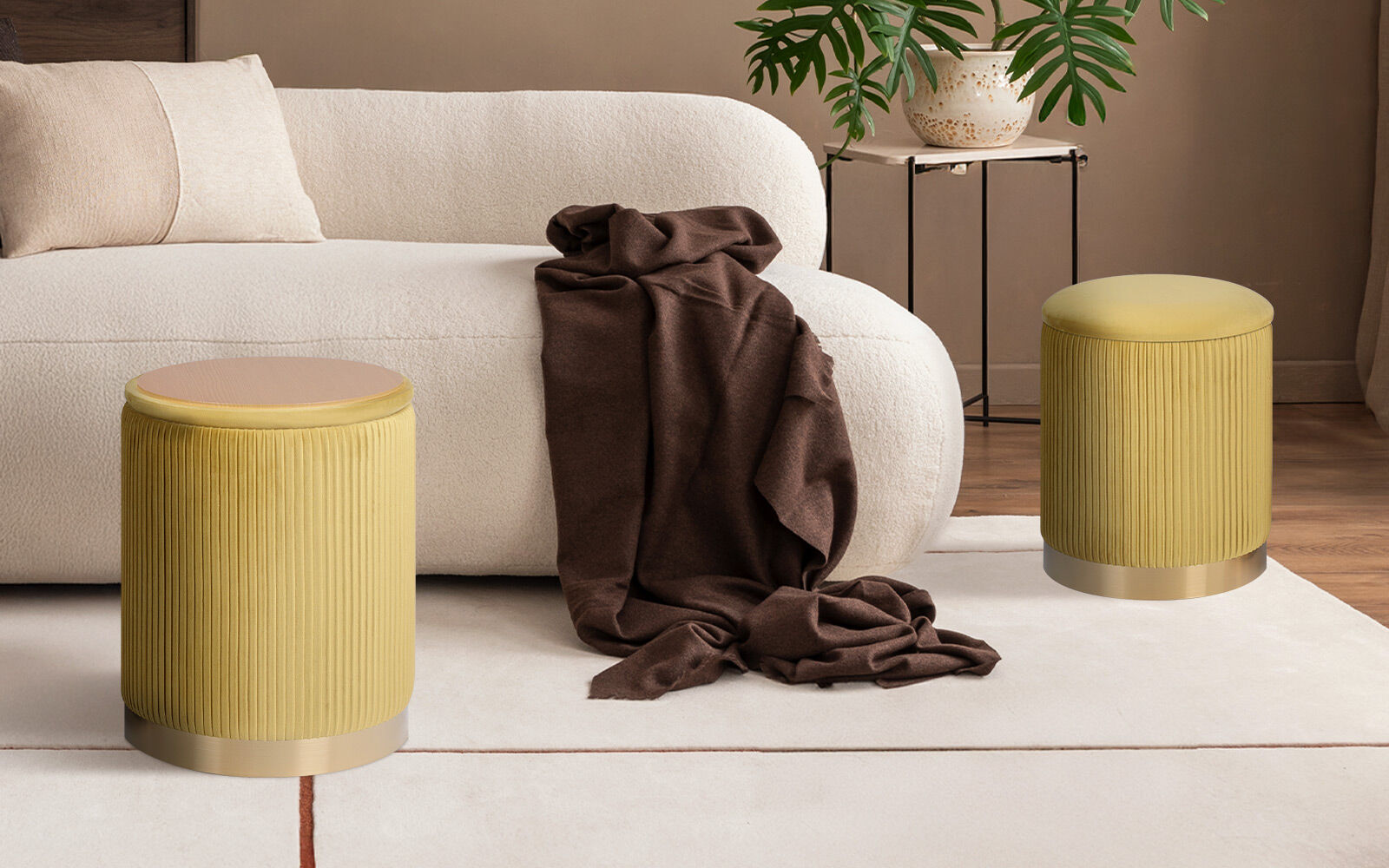 2X Side Table Storage Ottoman - Velvet Stool MIRA Mustard V274-FT-VR-205VASS-MY