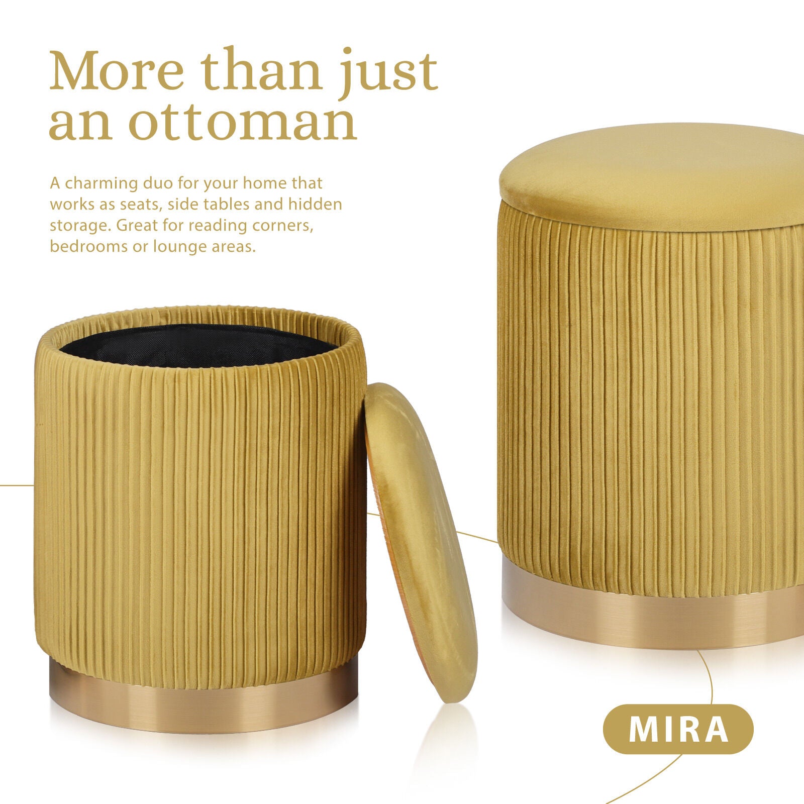 2X Side Table Storage Ottoman - Velvet Stool MIRA Mustard V274-FT-VR-205VASS-MY