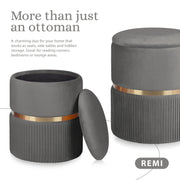 2X Side Table Storage Ottoman - Velvet Padded Stool Vanity Footstool REMI GREY V274-FT-VR-352VASS-GY