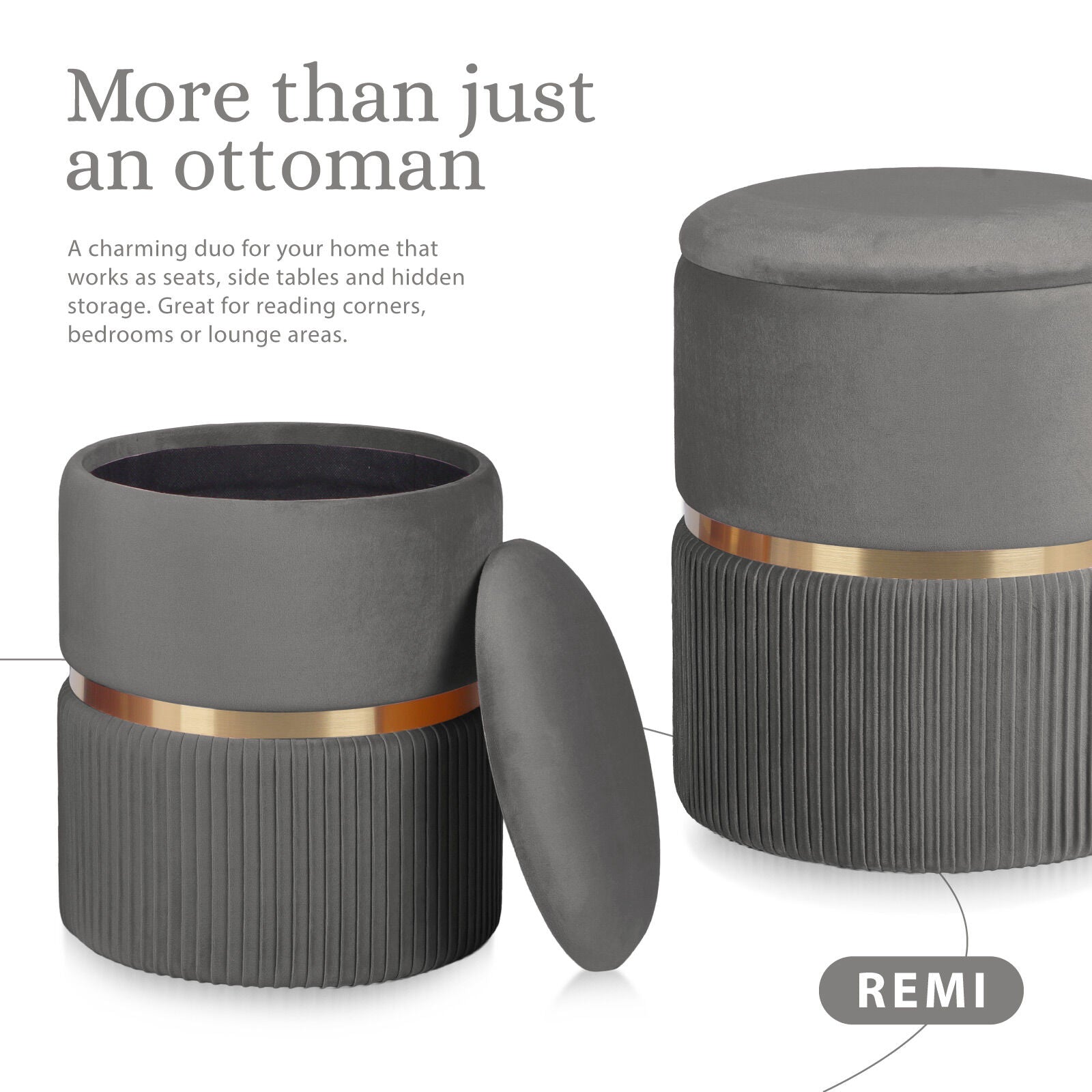 2X Side Table Storage Ottoman - Velvet Padded Stool Vanity Footstool REMI GREY V274-FT-VR-352VASS-GY