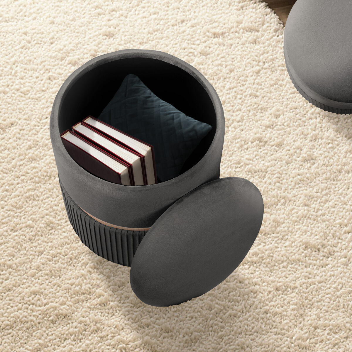 2X Side Table Storage Ottoman - Velvet Padded Stool Vanity Footstool REMI GREY V274-FT-VR-352VASS-GY