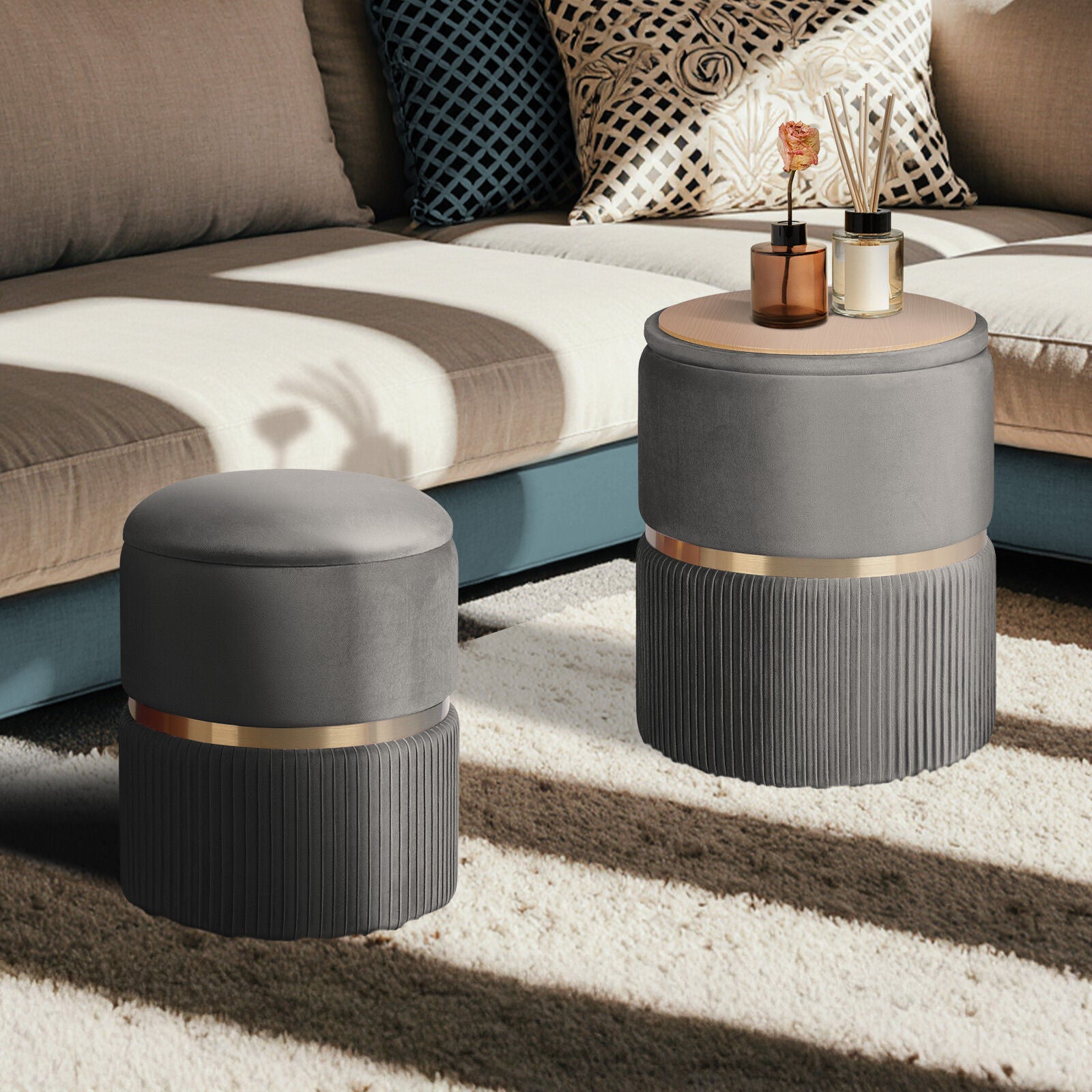 2X Side Table Storage Ottoman - Velvet Padded Stool Vanity Footstool REMI GREY V274-FT-VR-352VASS-GY