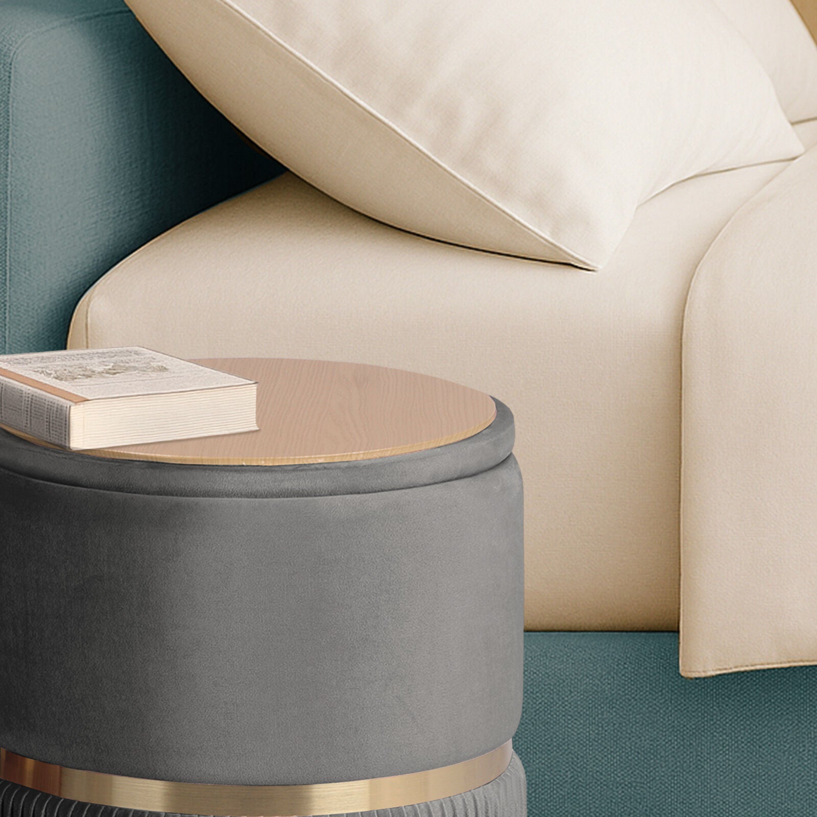 2X Side Table Storage Ottoman - Velvet Padded Stool Vanity Footstool REMI GREY V274-FT-VR-352VASS-GY