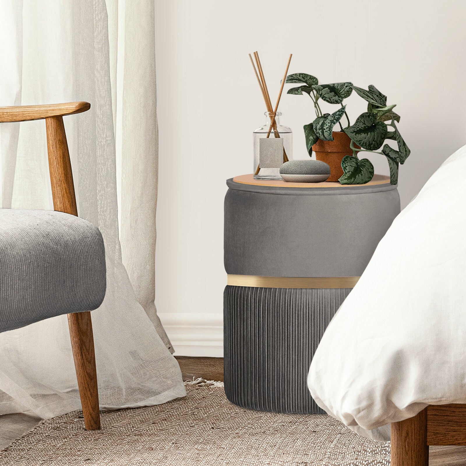 2X Side Table Storage Ottoman - Velvet Padded Stool Vanity Footstool REMI GREY V274-FT-VR-352VASS-GY