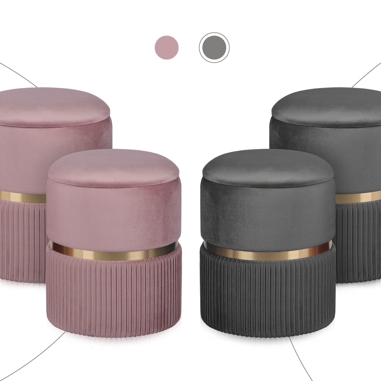 2X Side Table Storage Ottoman - Velvet Padded Stool Vanity Footstool REMI GREY V274-FT-VR-352VASS-GY