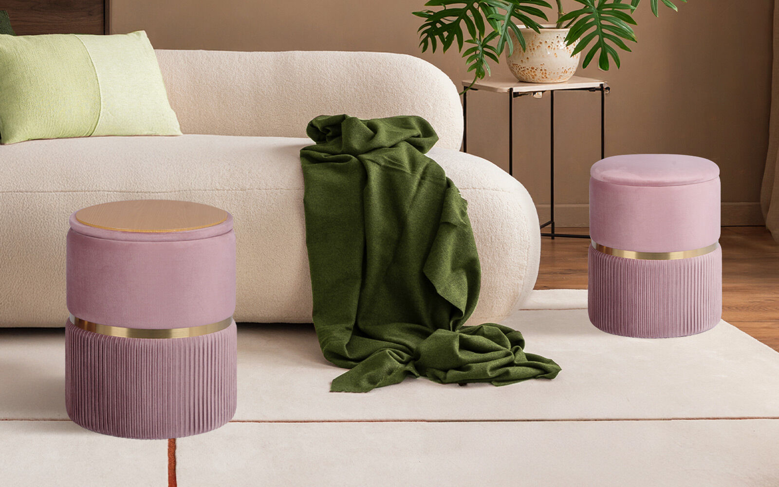 2X Side Table Storage Ottoman - Velvet Padded Stool Vanity Footstool REMI Pink V274-FT-VR-352VASS-PK