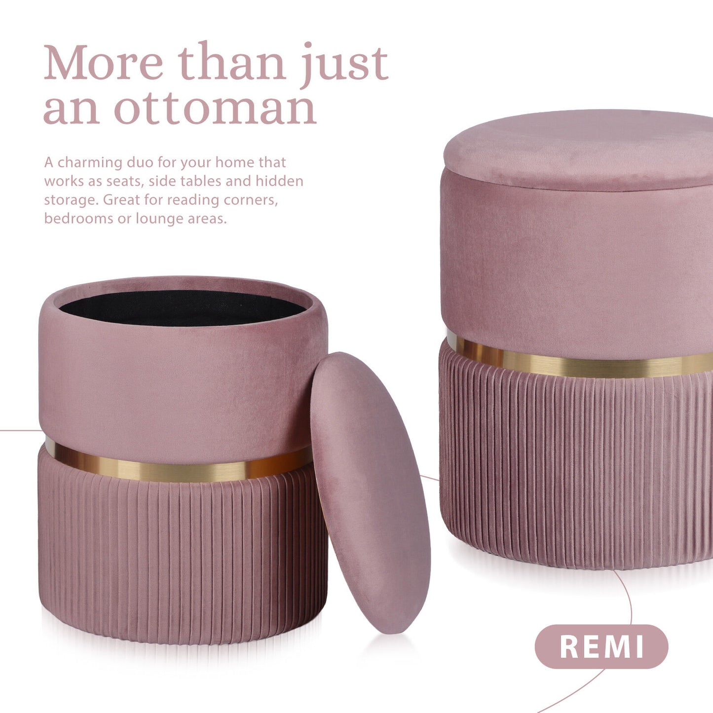2X Side Table Storage Ottoman - Velvet Padded Stool Vanity Footstool REMI Pink V274-FT-VR-352VASS-PK