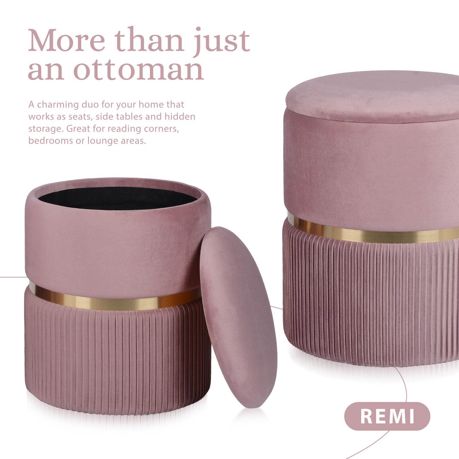 2X Side Table Storage Ottoman - Velvet Padded Stool Vanity Footstool REMI Pink V274-FT-VR-352VASS-PK