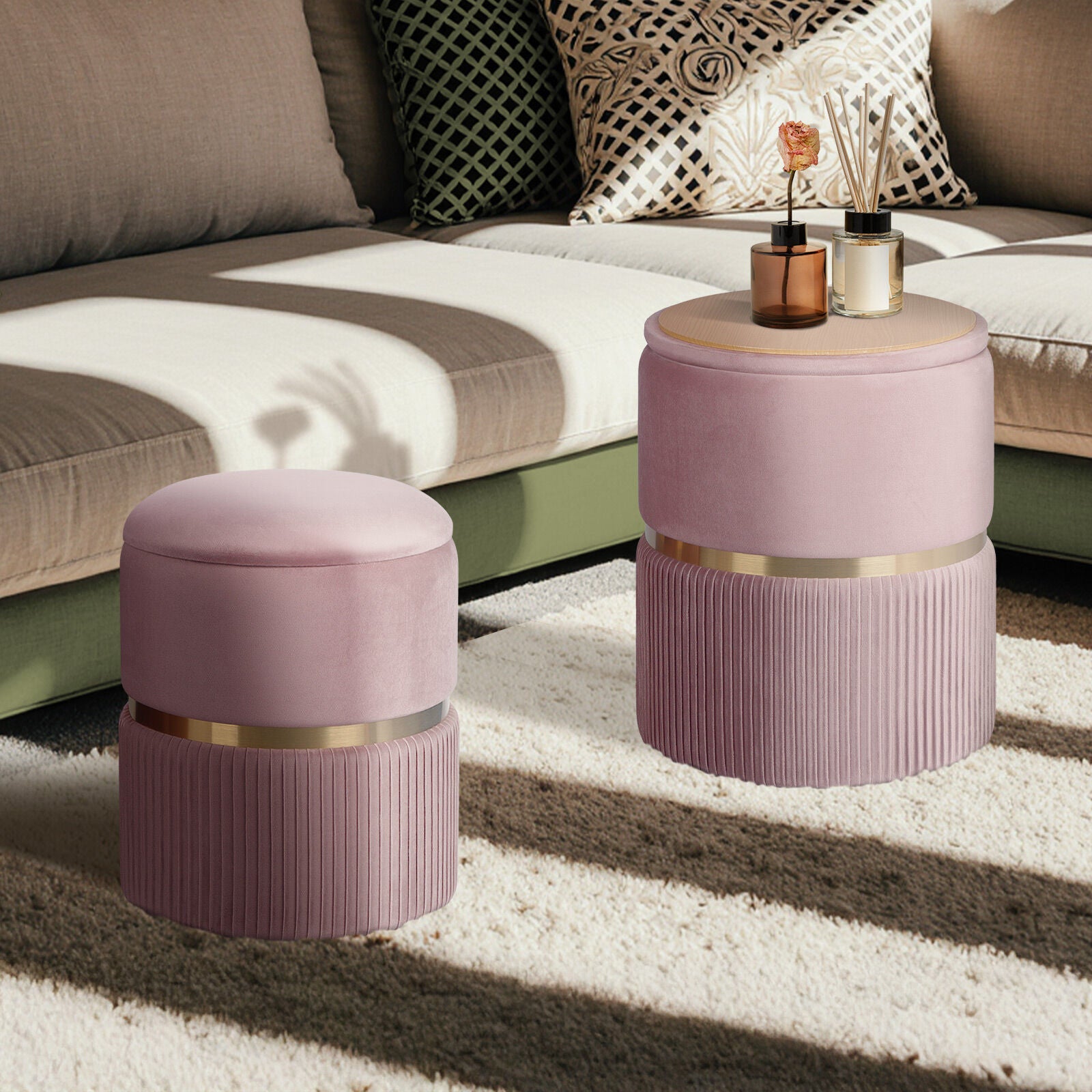 2X Side Table Storage Ottoman - Velvet Padded Stool Vanity Footstool REMI Pink V274-FT-VR-352VASS-PK