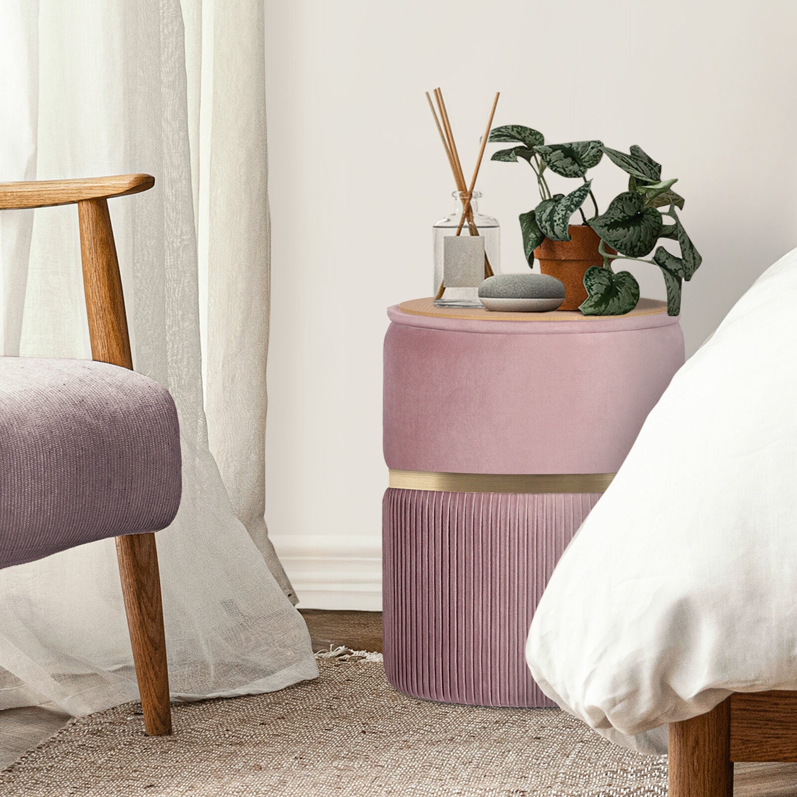 2X Side Table Storage Ottoman - Velvet Padded Stool Vanity Footstool REMI Pink V274-FT-VR-352VASS-PK
