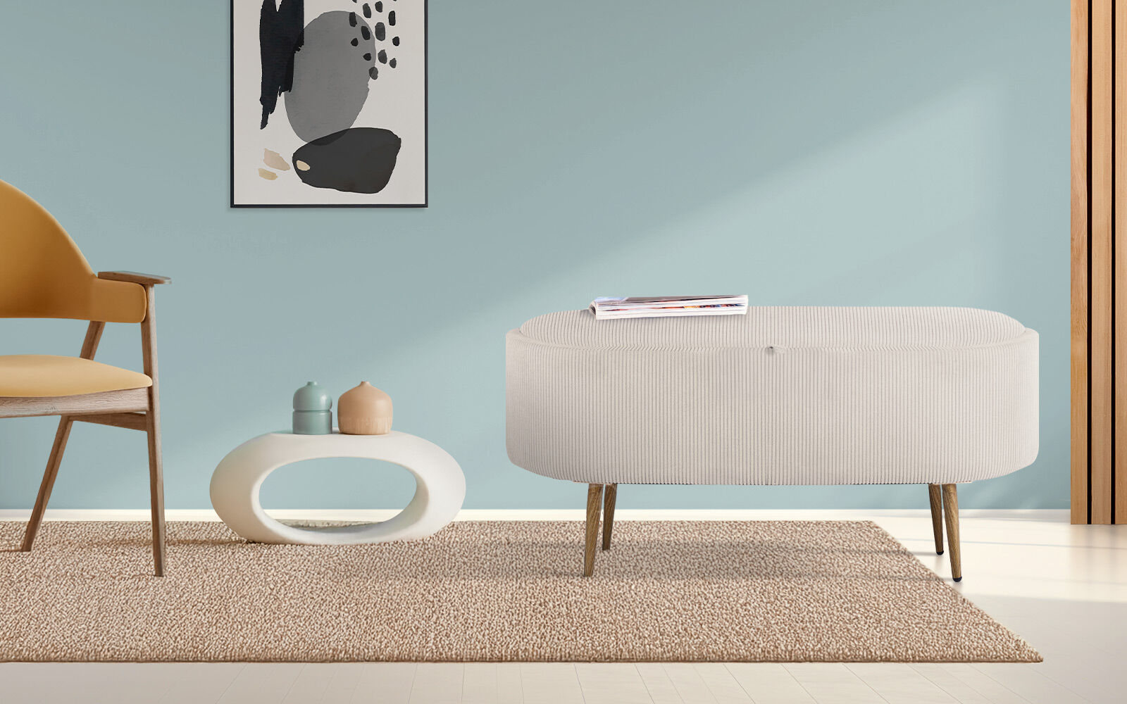 Coffee Table Storage Ottoman - Corduroy Padded Blanket Box Bench ESME CREAM V274-FT-VR-945CGL-CR