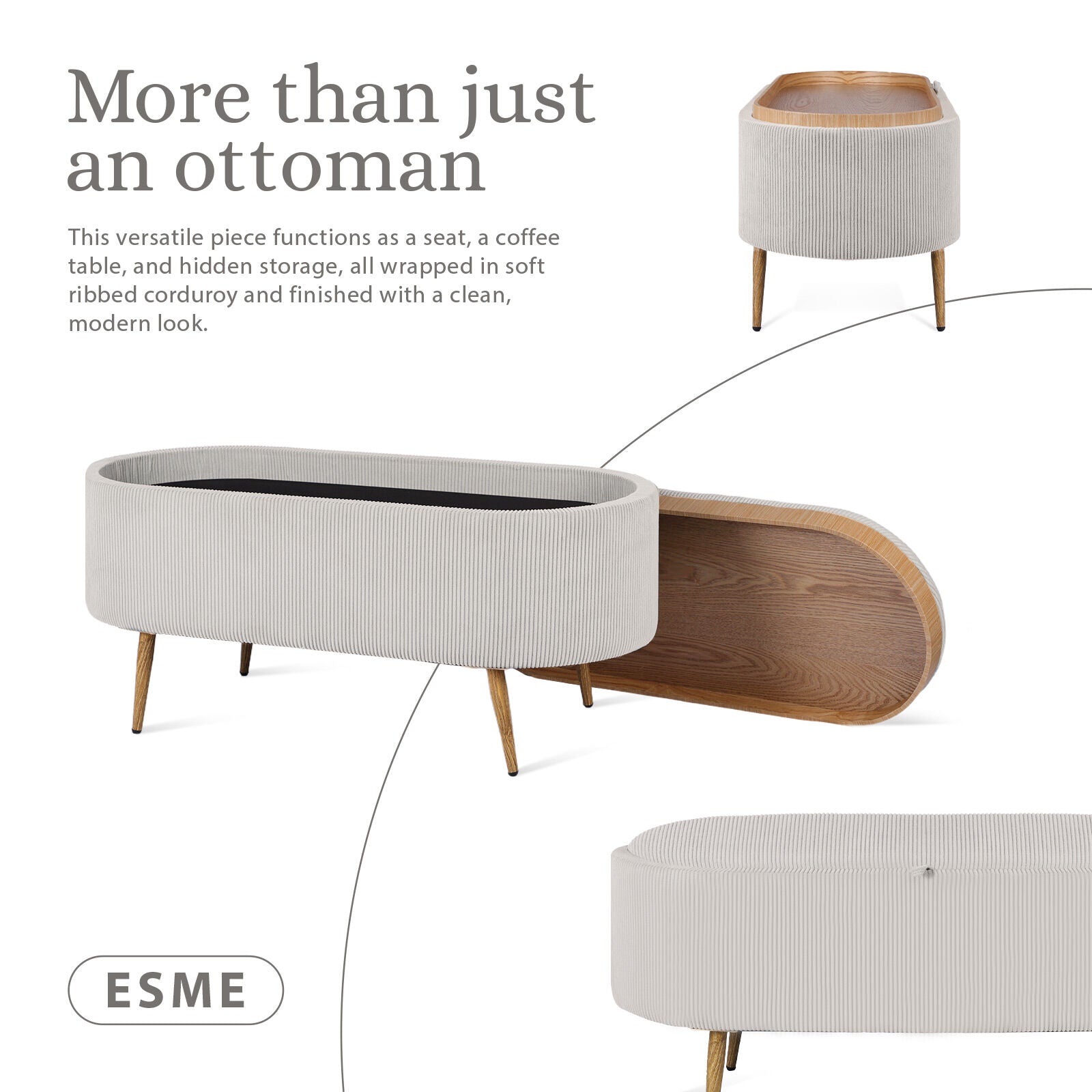 Coffee Table Storage Ottoman - Corduroy Padded Blanket Box Bench ESME CREAM V274-FT-VR-945CGL-CR
