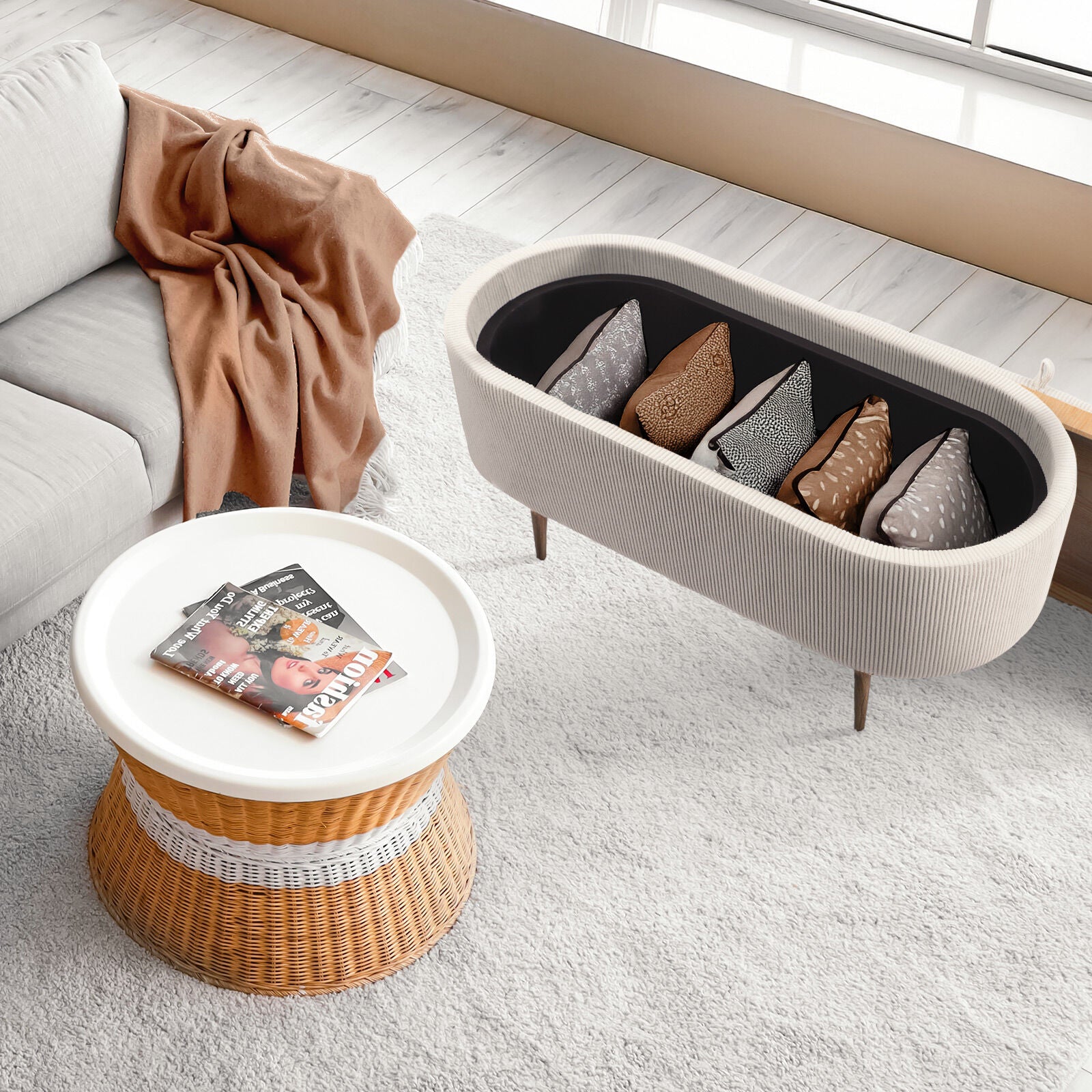 Coffee Table Storage Ottoman - Corduroy Padded Blanket Box Bench ESME CREAM V274-FT-VR-945CGL-CR