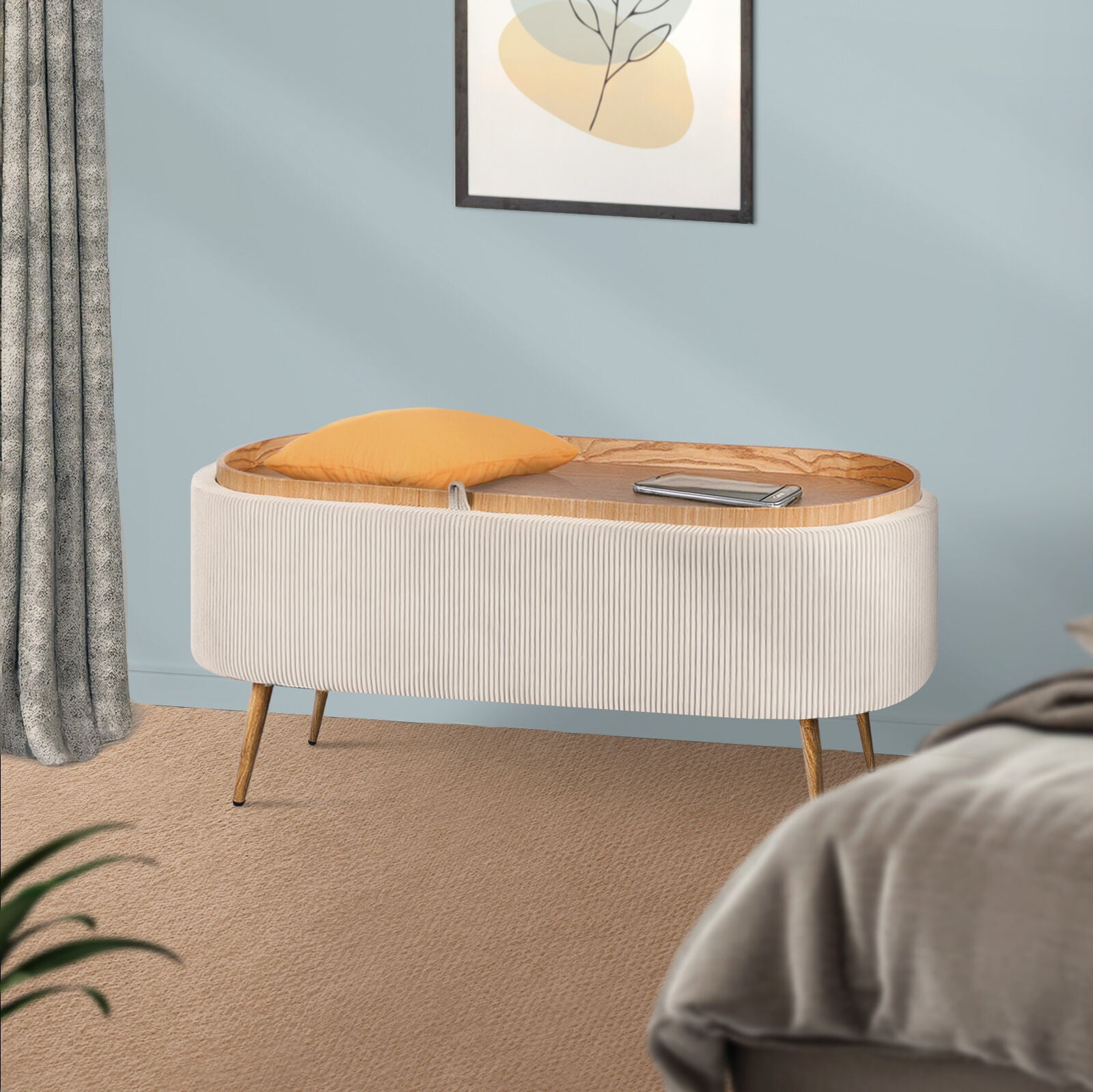 Coffee Table Storage Ottoman - Corduroy Padded Blanket Box Bench ESME CREAM V274-FT-VR-945CGL-CR