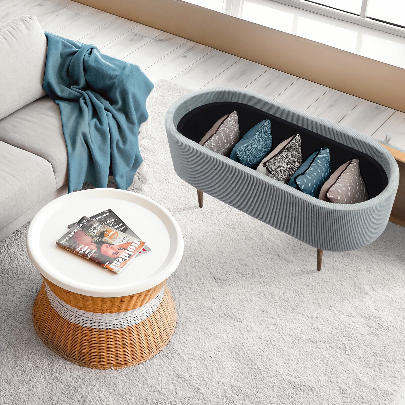 Coffee Table Storage Ottoman - Corduroy Padded Blanket Box Bench ESME - DUSTY BLUE V274-FT-VR-945CGL-LBU