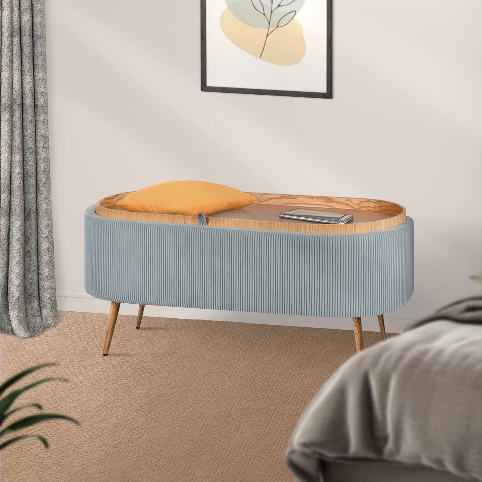 Coffee Table Storage Ottoman - Corduroy Padded Blanket Box Bench ESME - DUSTY BLUE V274-FT-VR-945CGL-LBU