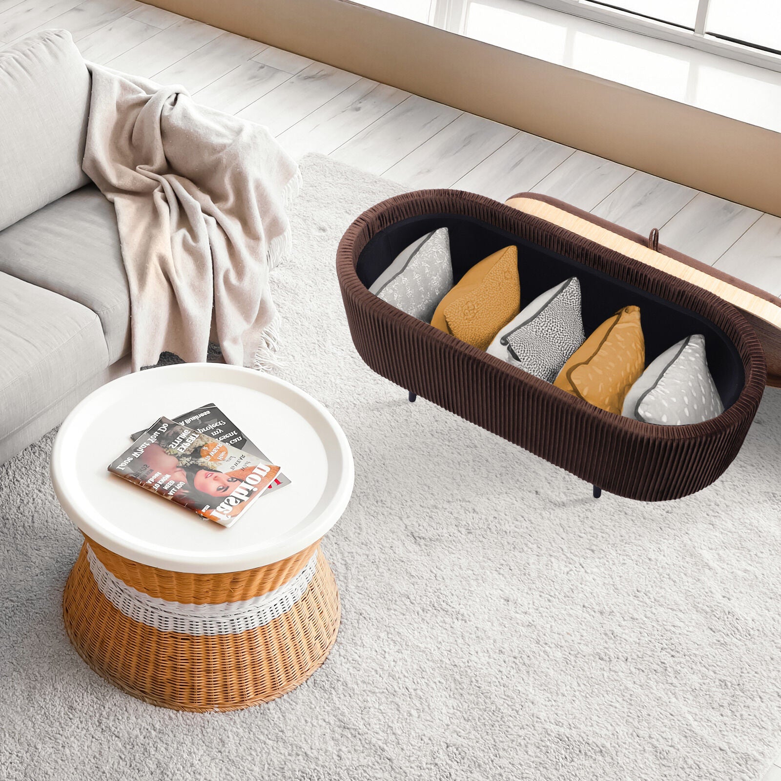 Coffee Table Storage Ottoman - Velvet Padded Blanket Box Bench IRENE BROWN V274-FT-VR-945VAL-BN
