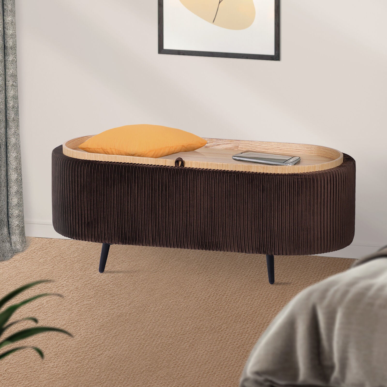 Coffee Table Storage Ottoman - Velvet Padded Blanket Box Bench IRENE BROWN V274-FT-VR-945VAL-BN