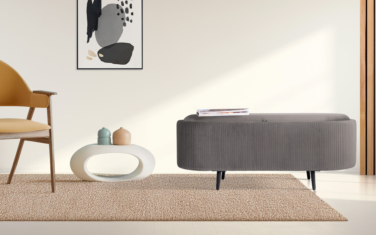 Coffee Table Storage Ottoman - Velvet Padded Blanket Box Bench IRENE GREY V274-FT-VR-945VAL-GY