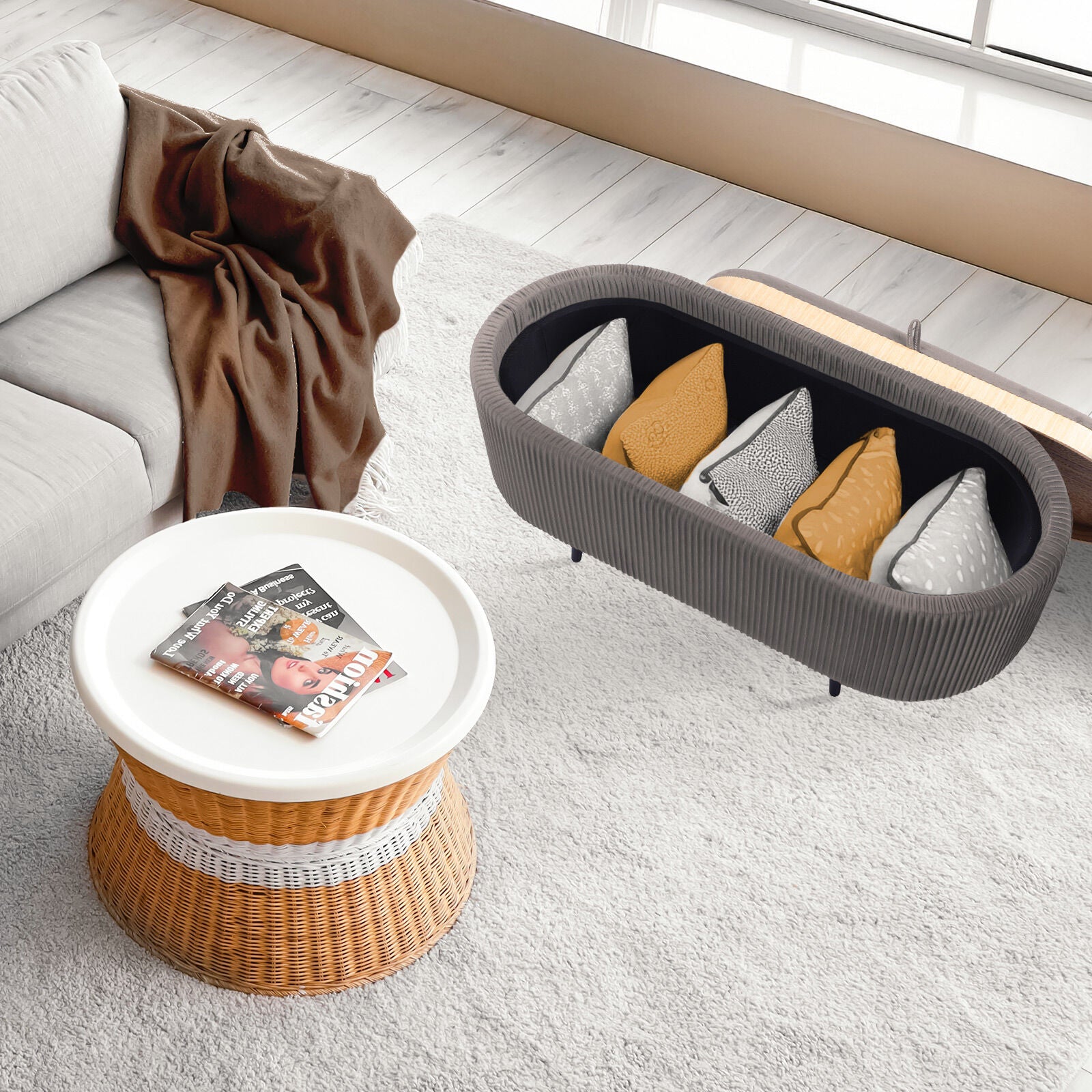 Coffee Table Storage Ottoman - Velvet Padded Blanket Box Bench IRENE GREY V274-FT-VR-945VAL-GY