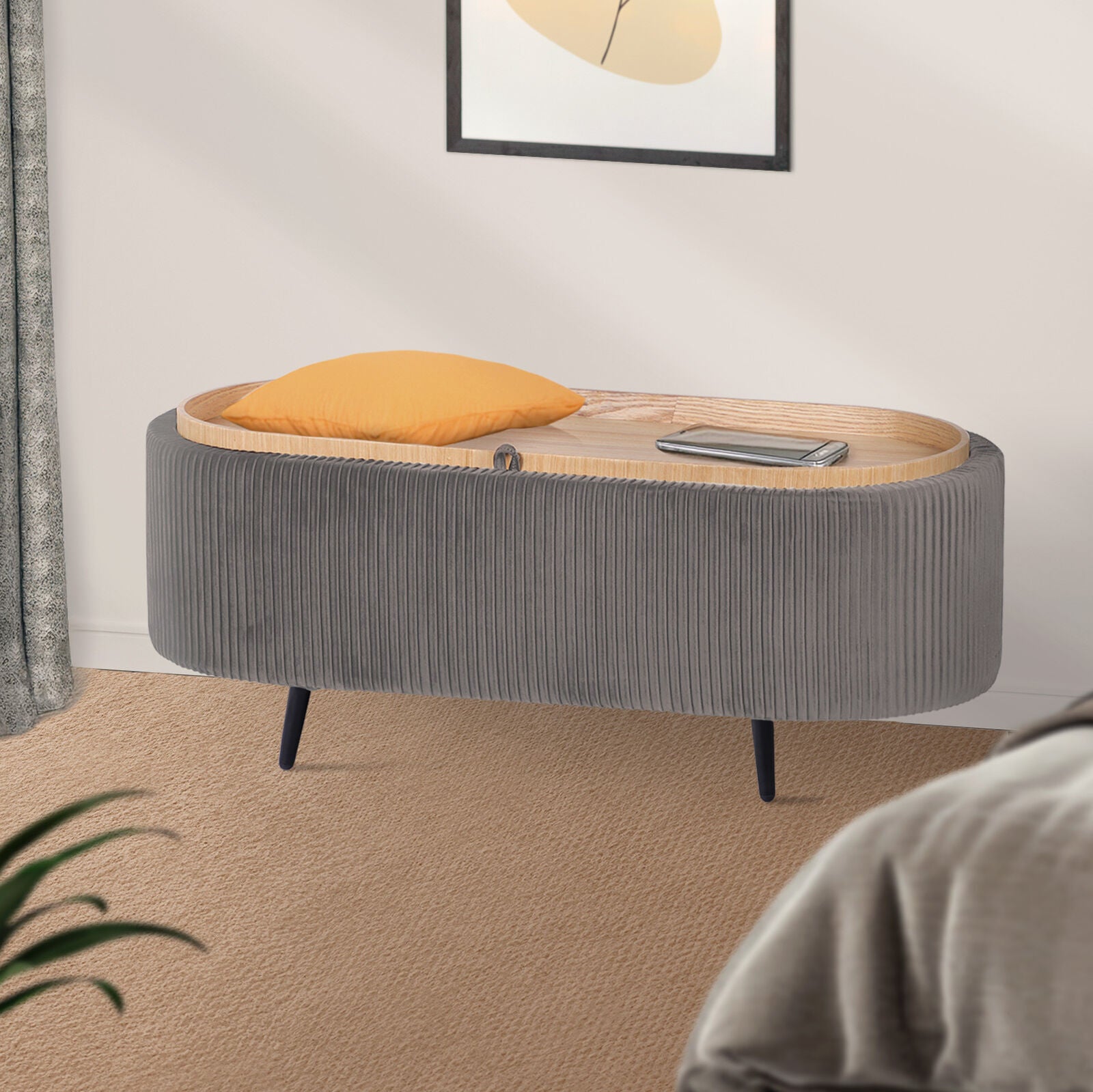 Coffee Table Storage Ottoman - Velvet Padded Blanket Box Bench IRENE GREY V274-FT-VR-945VAL-GY