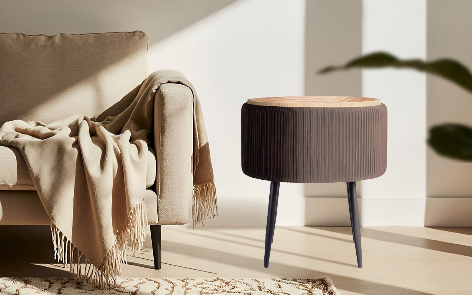 Side Table Storage Ottoman - Velvet Padded Stool Vanity Footstool CLEO BROWN V274-FT-VR-945VAS-BN