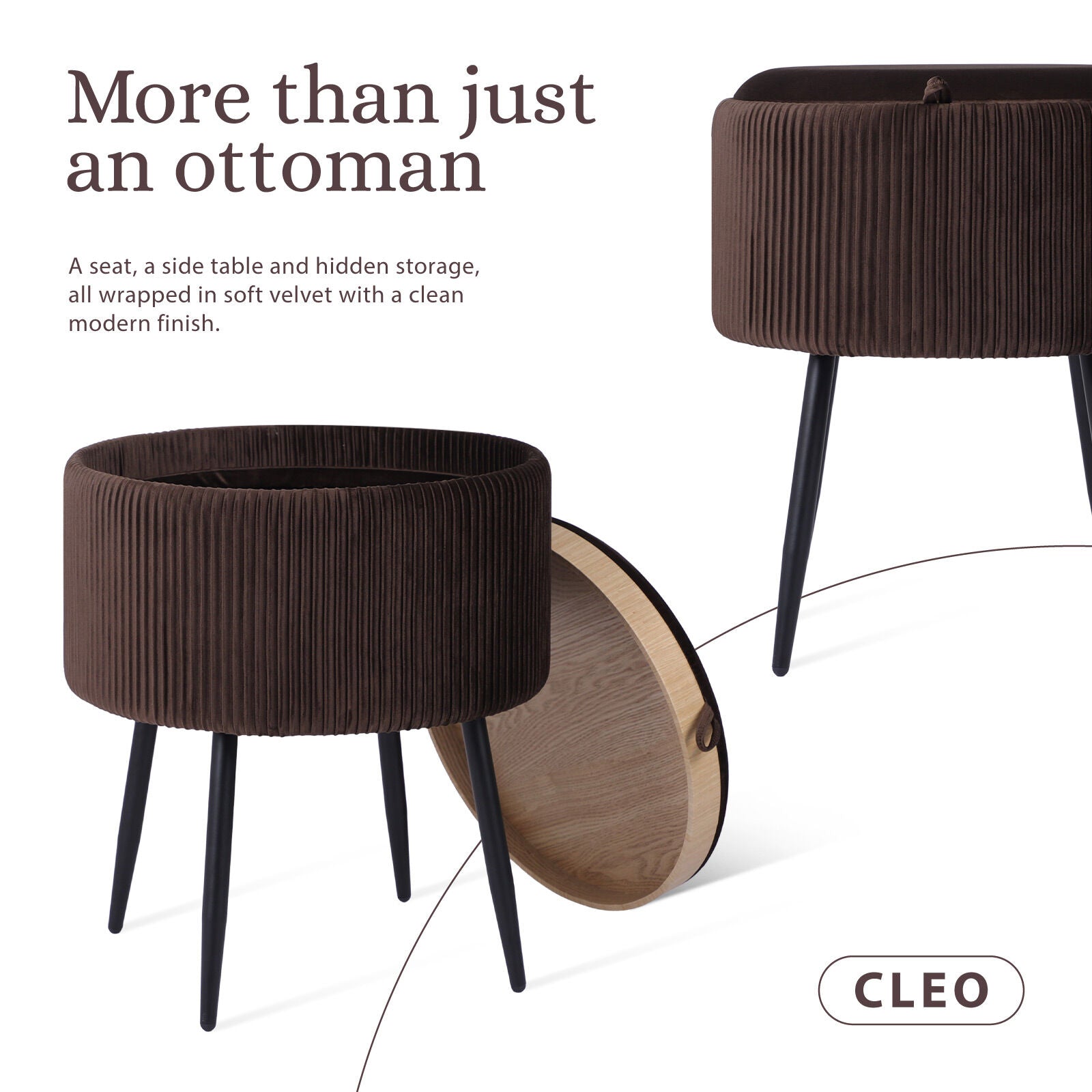 Side Table Storage Ottoman - Velvet Padded Stool Vanity Footstool CLEO BROWN V274-FT-VR-945VAS-BN