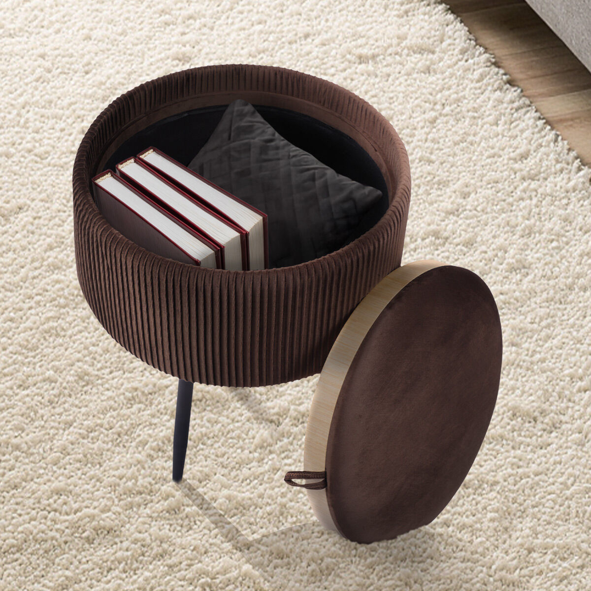 Side Table Storage Ottoman - Velvet Padded Stool Vanity Footstool CLEO BROWN V274-FT-VR-945VAS-BN