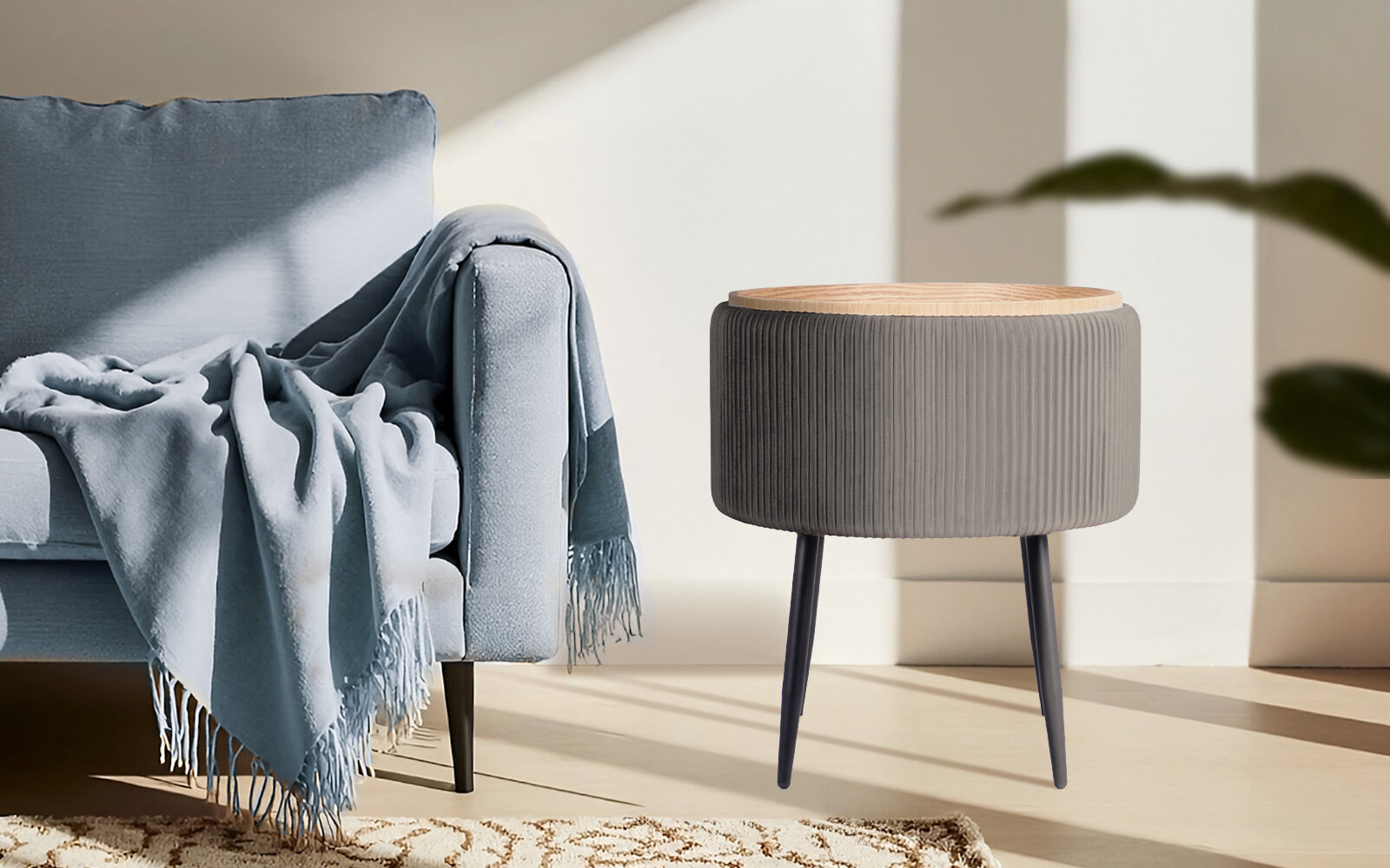 Side Table Storage Ottoman - Velvet Padded Stool Vanity Footstool CLEO GREY V274-FT-VR-945VAS-GY
