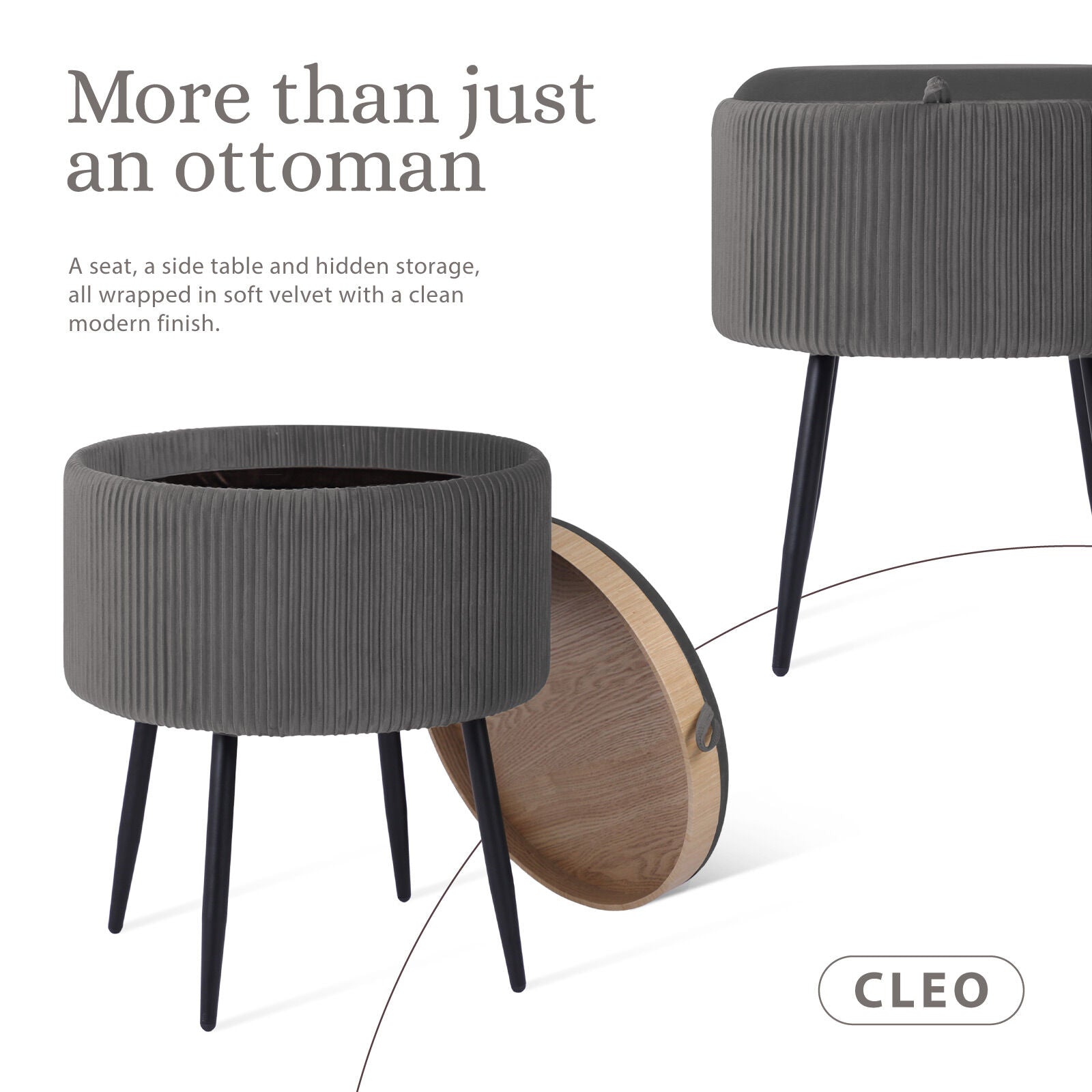 Side Table Storage Ottoman - Velvet Padded Stool Vanity Footstool CLEO GREY V274-FT-VR-945VAS-GY