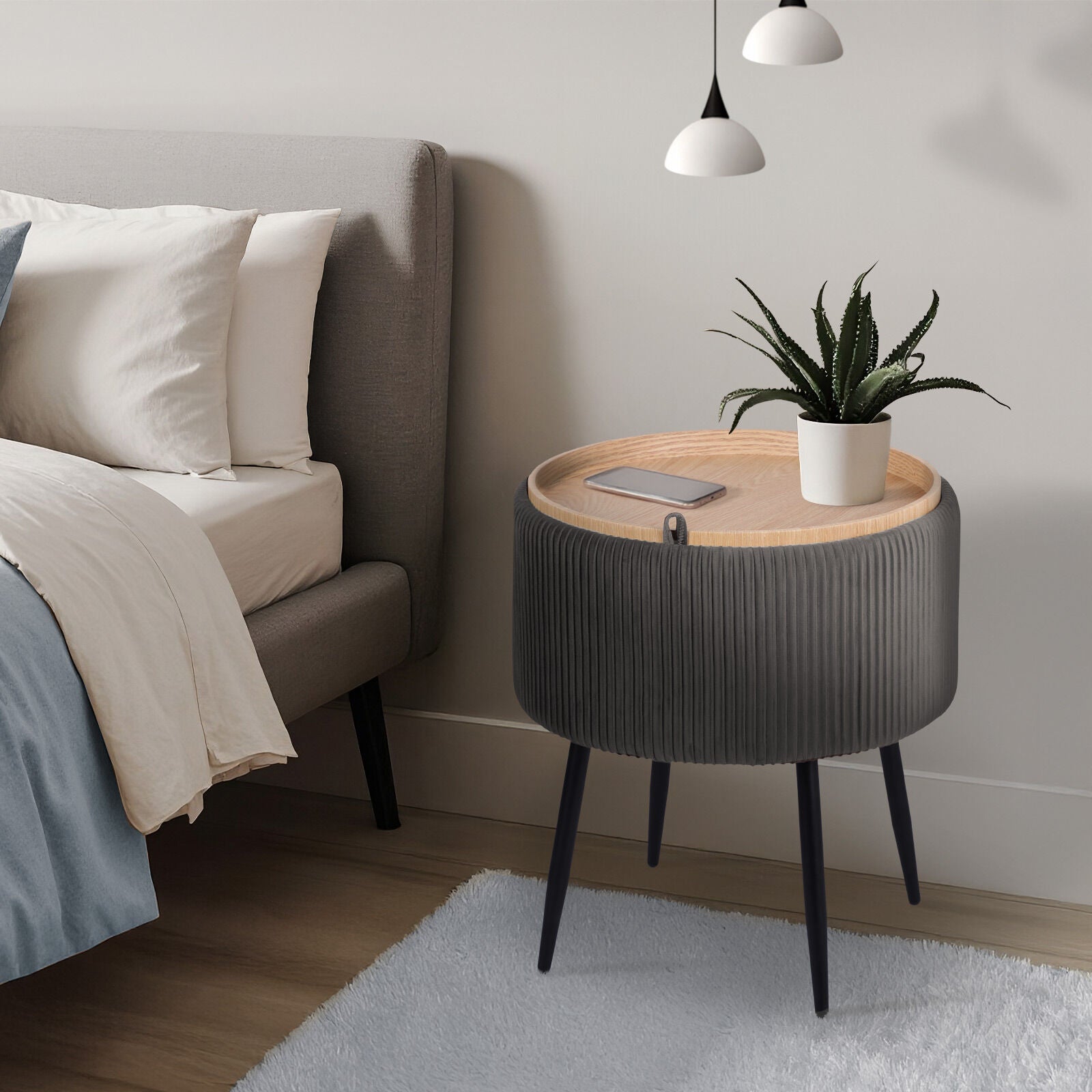 Side Table Storage Ottoman - Velvet Padded Stool Vanity Footstool CLEO GREY V274-FT-VR-945VAS-GY