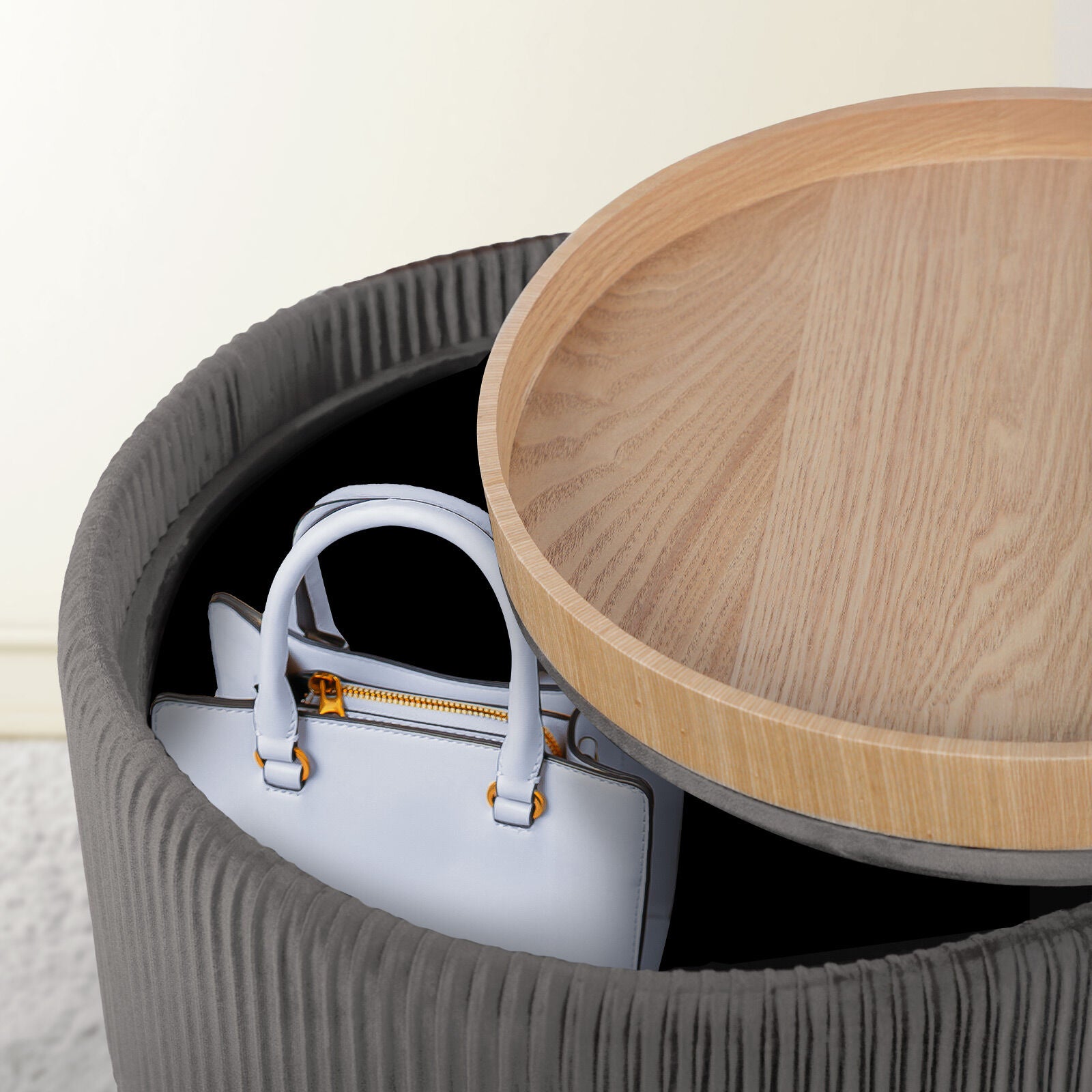 Side Table Storage Ottoman - Velvet Padded Stool Vanity Footstool CLEO GREY V274-FT-VR-945VAS-GY