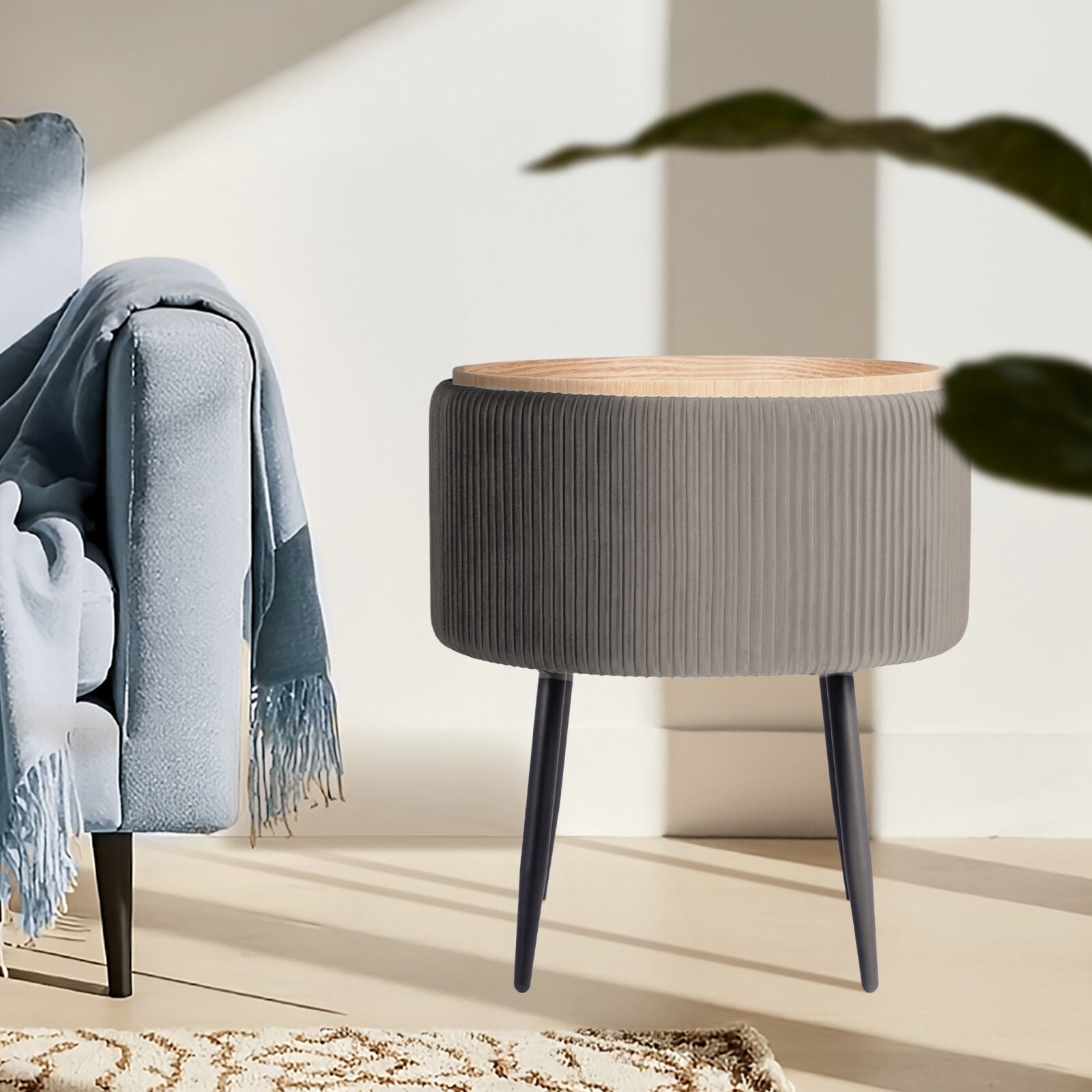 Side Table Storage Ottoman - Velvet Padded Stool Vanity Footstool CLEO GREY V274-FT-VR-945VAS-GY