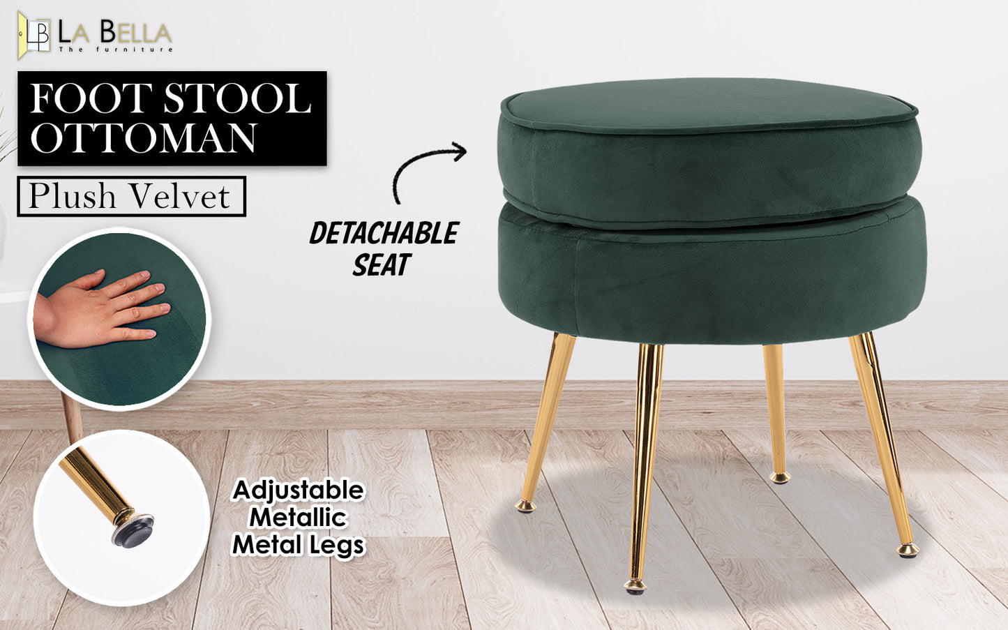 Ottoman Foot Stool Velvet Fabric Metal Leg Round GREEN V274-FT-VST-1596-GN