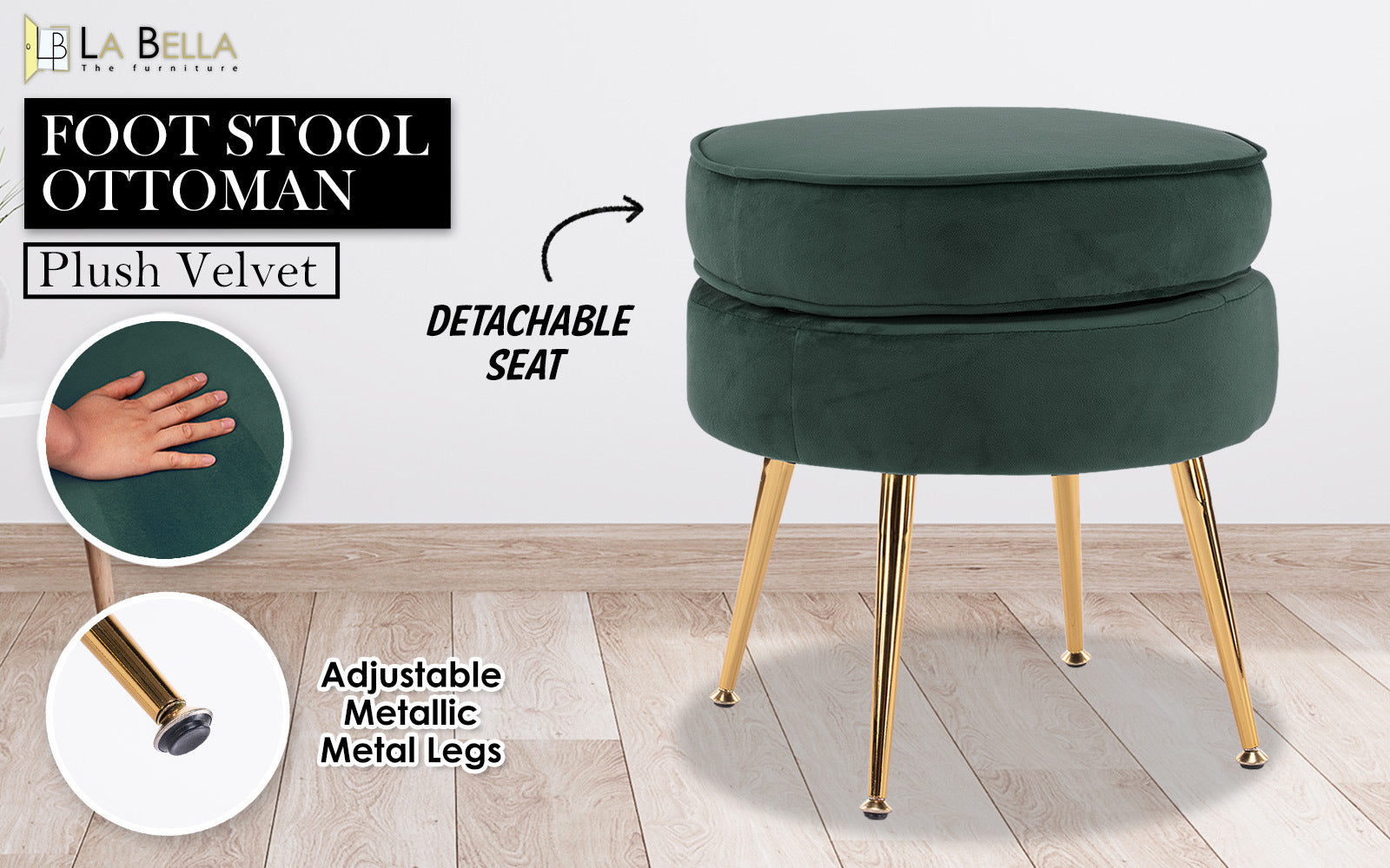 Ottoman Foot Stool Velvet Fabric Metal Leg Round GREEN V274-FT-VST-1596-GN