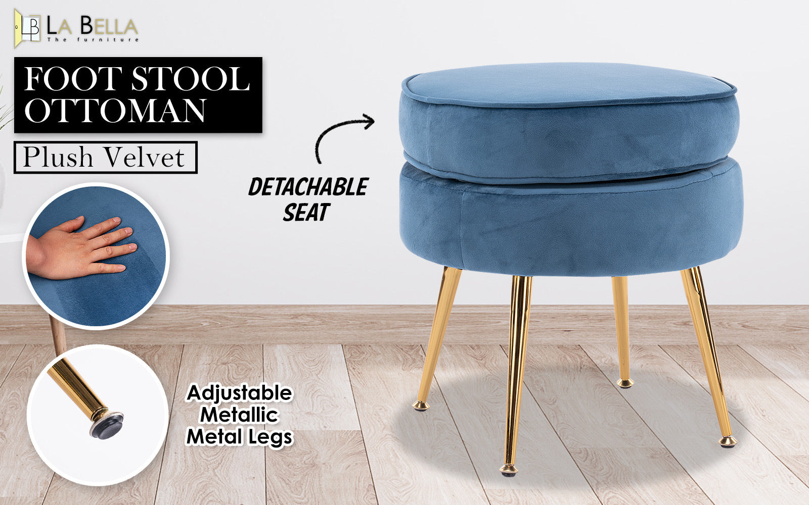 Ottoman Foot Stool Velvet Fabric Metal Leg Round NAVY BLUE V274-FT-VST-1596-NV
