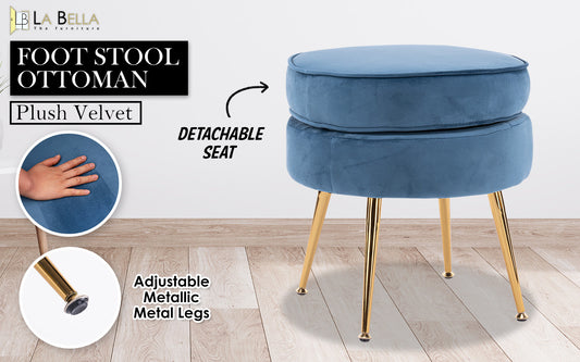 Ottoman Foot Stool Velvet Fabric Metal Leg Round NAVY BLUE V274-FT-VST-1596-NV