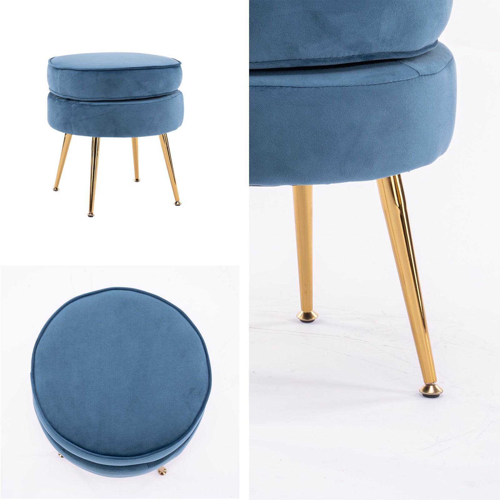 Ottoman Foot Stool Velvet Fabric Metal Leg Round NAVY BLUE V274-FT-VST-1596-NV