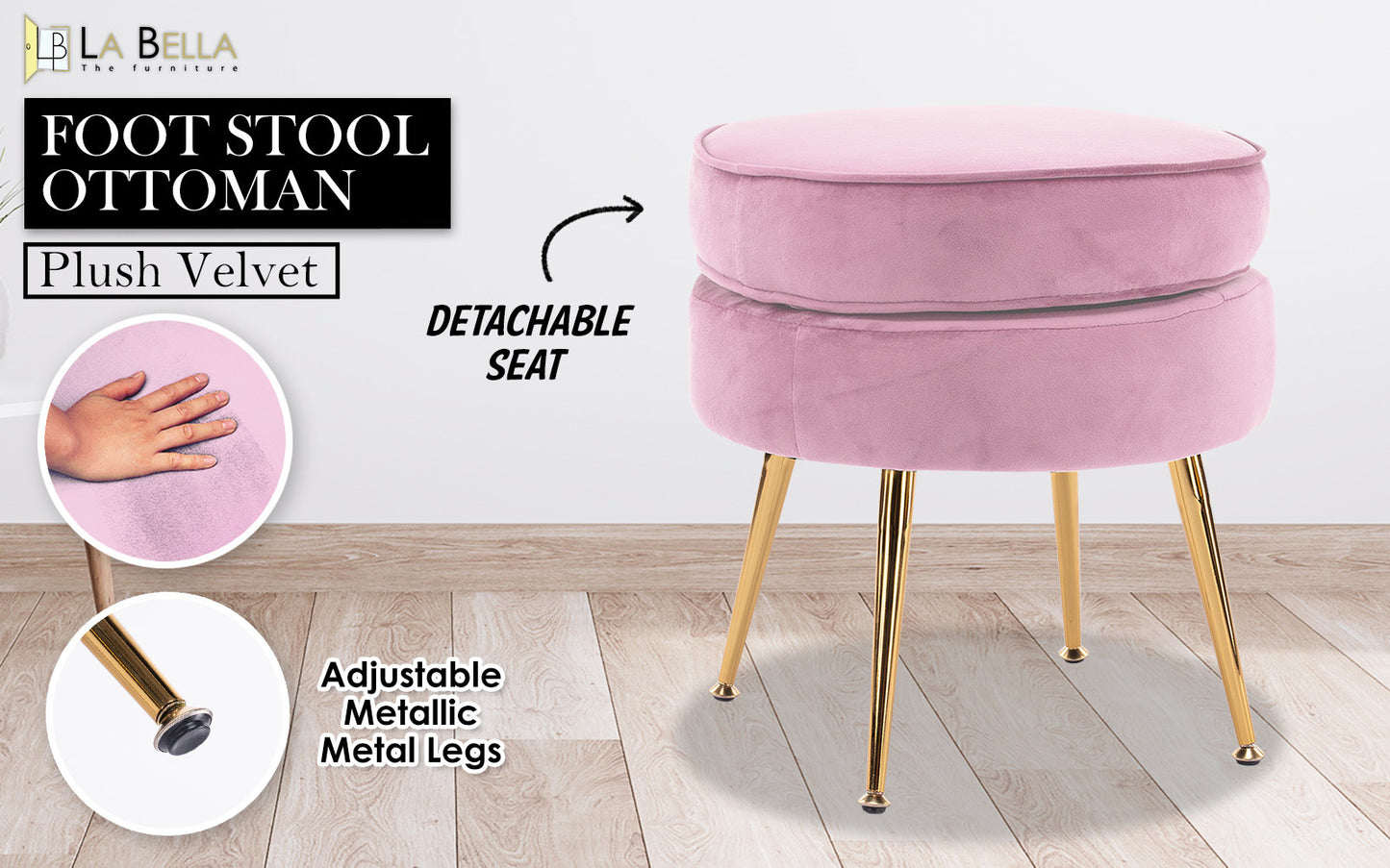 Ottoman Foot Stool Velvet Fabric Metal Leg Round PINK V274-FT-VST-1596-PK