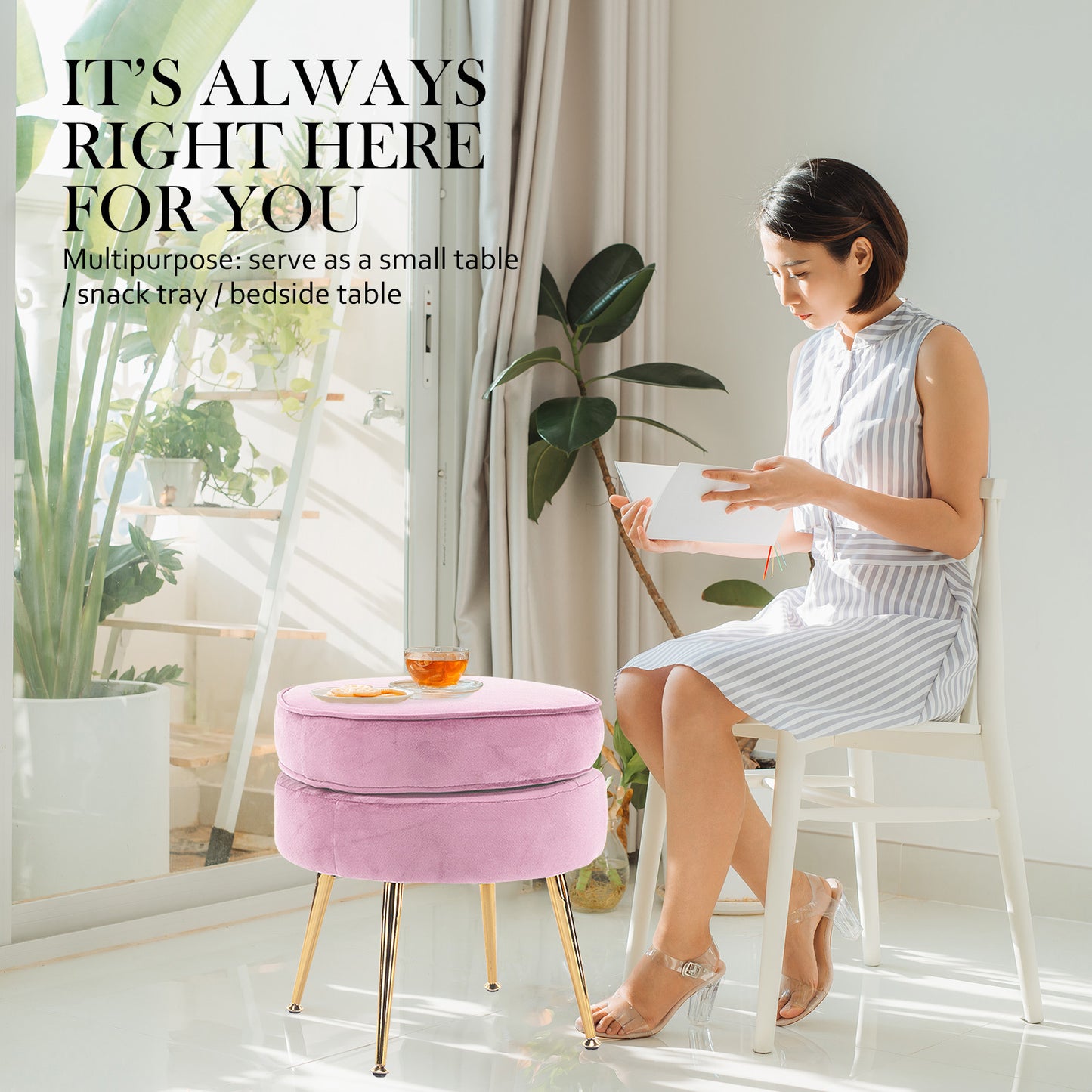 Ottoman Foot Stool Velvet Fabric Metal Leg Round PINK V274-FT-VST-1596-PK