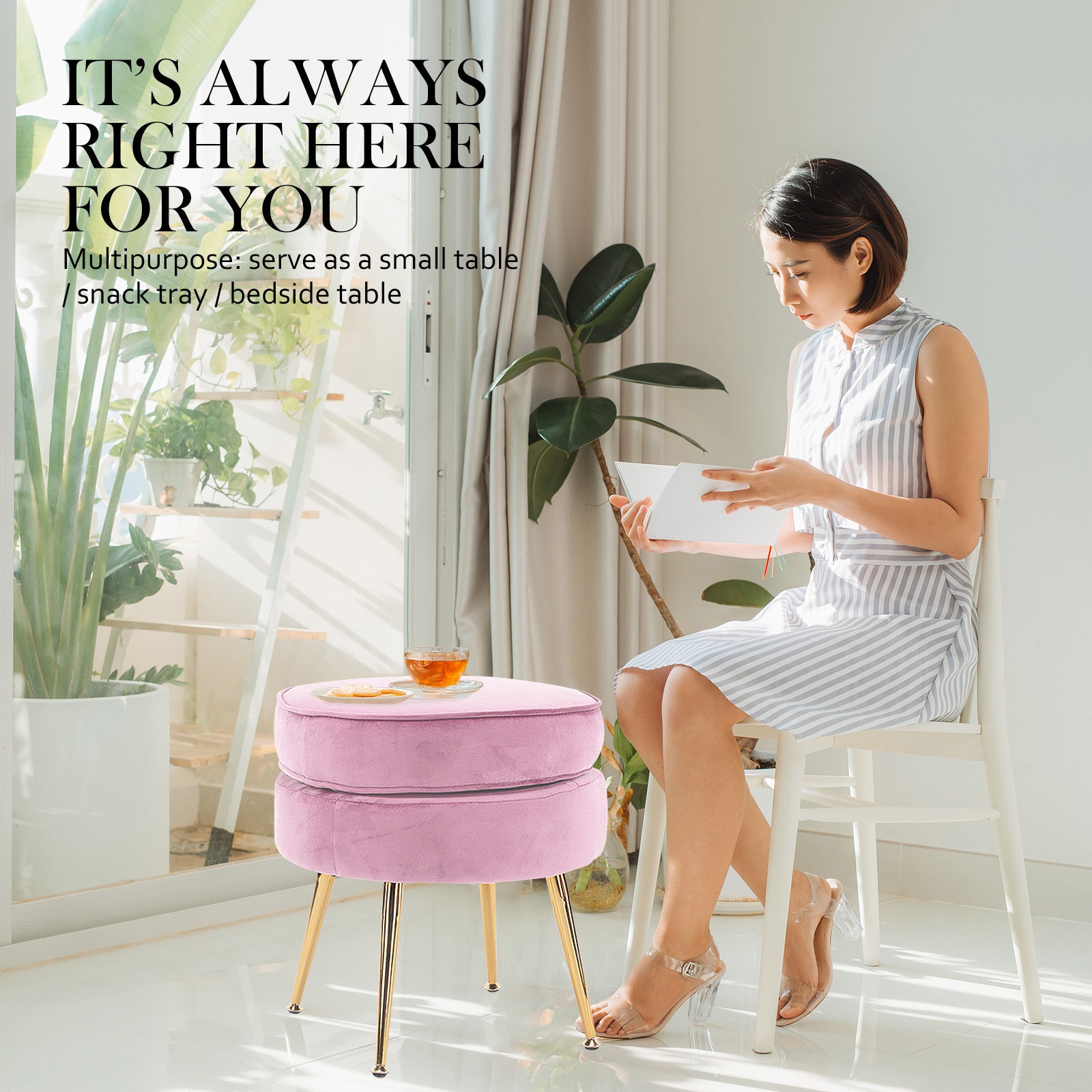 Ottoman Foot Stool Velvet Fabric Metal Leg Round PINK V274-FT-VST-1596-PK