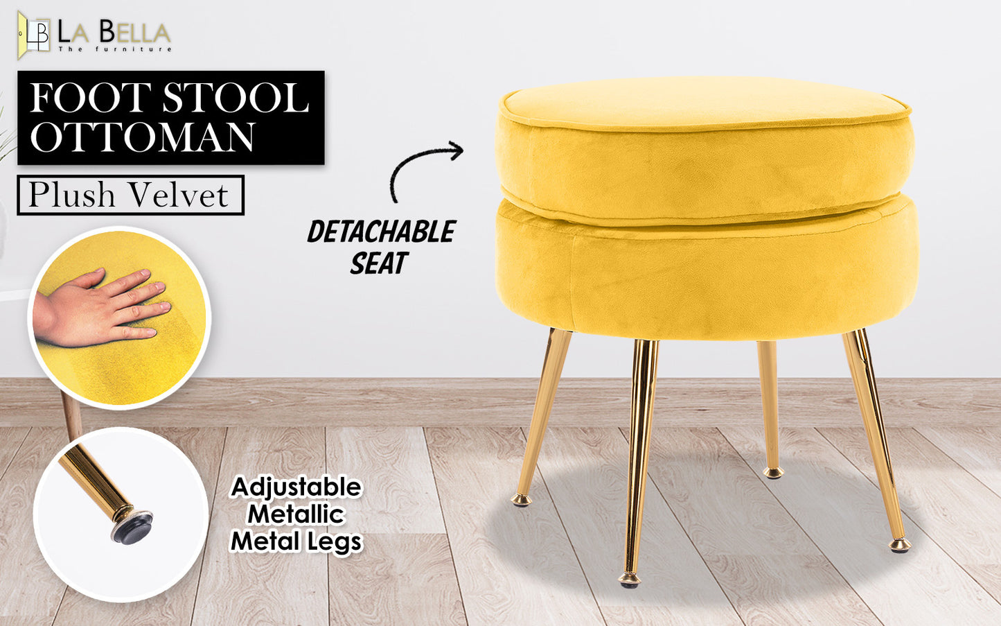 Ottoman Foot Stool Velvet Fabric Metal Leg Round YELLOW V274-FT-VST-1596-YE