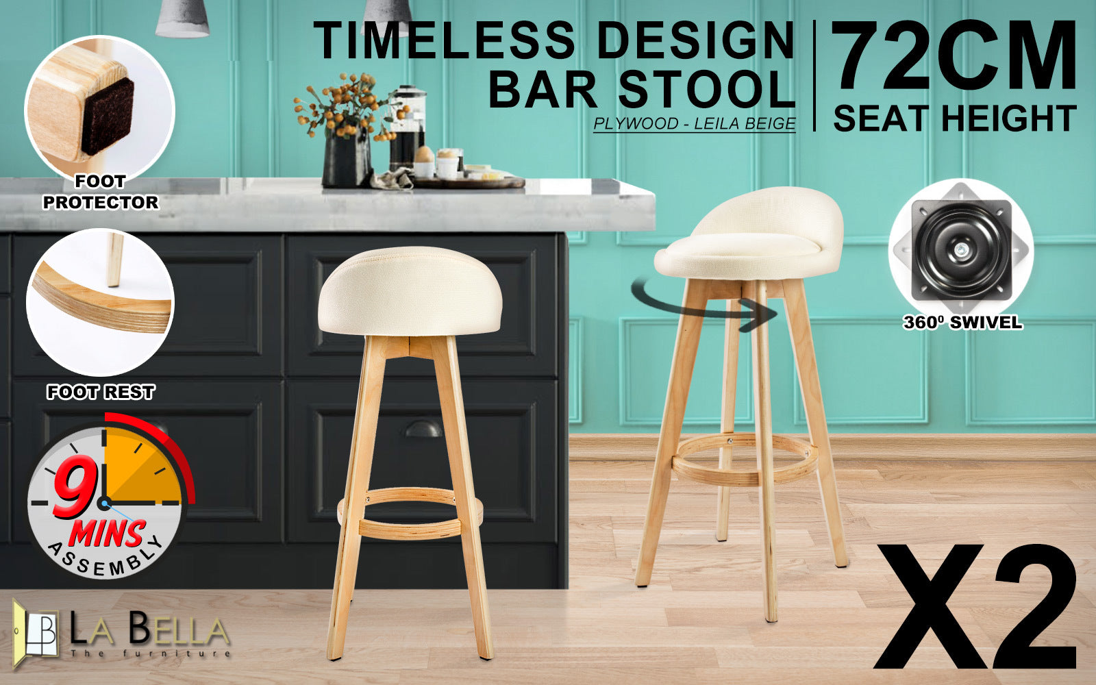 2X Wood Bar Stool Dining Chair Fabric LEILA 72cm BEIGE V274-FT-WBSFAB-82BE2