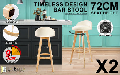 2X Wood Bar Stool Dining Chair Fabric LEILA 72cm BEIGE V274-FT-WBSFAB-82BE2
