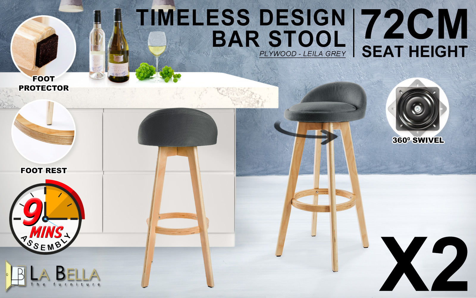 2X Wooden Bar Stool Dining Chair Fabric LEILA 72cm GREY V274-FT-WBSFAB-82GY2